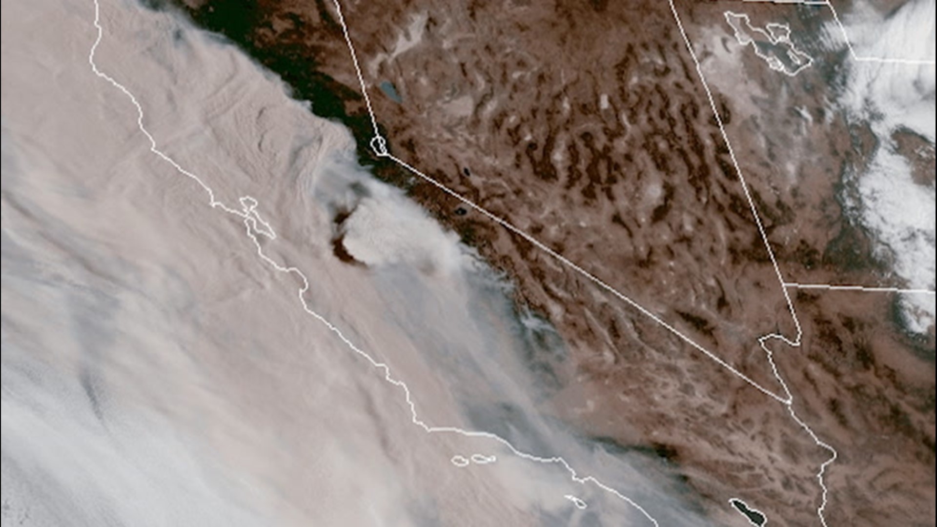 Satellite imagery captured over California on Sept. 9 and 10 shows wildfire smoke from numerous wildfires lingering over the state.