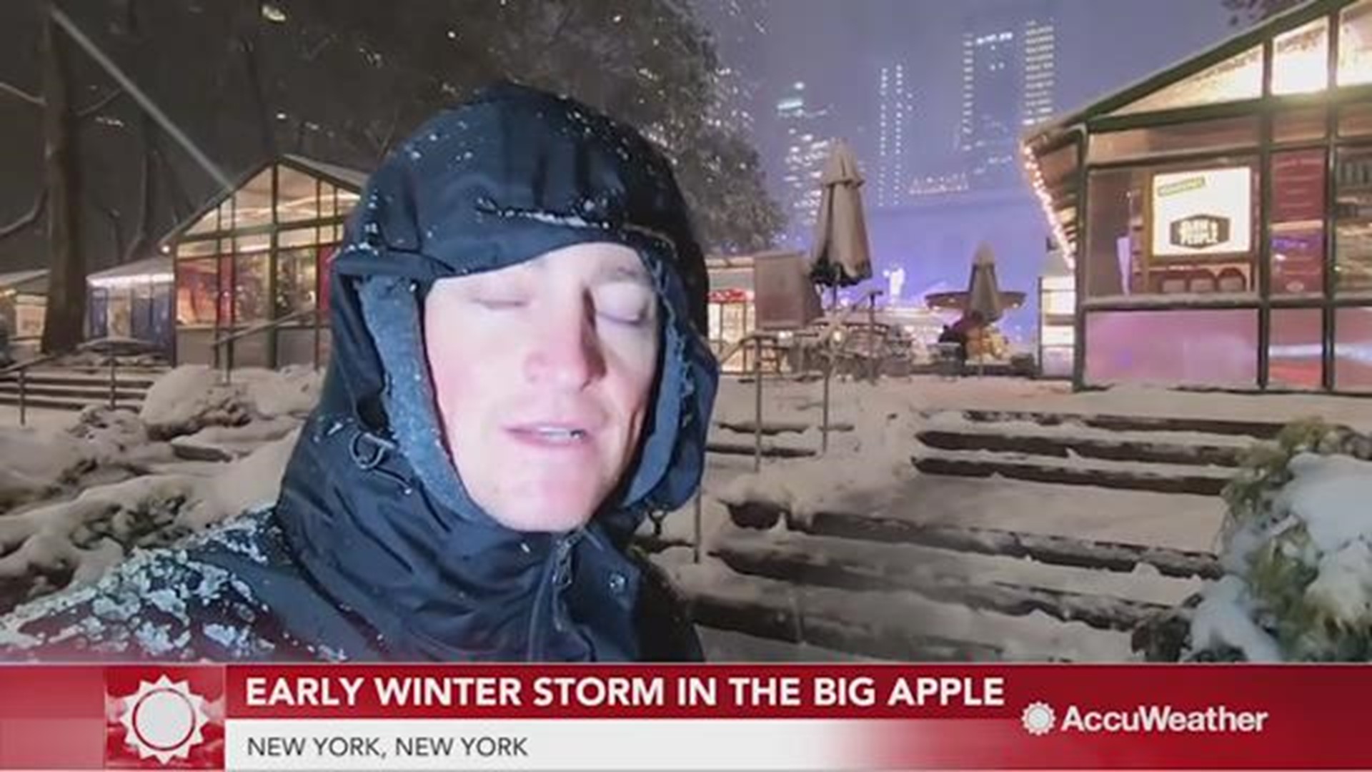 An early winter storm has caused messy road conditions in New York City and closed down the winter village in Bryant Park.  But it didn't stop visitors from enjoying their stay in the city.