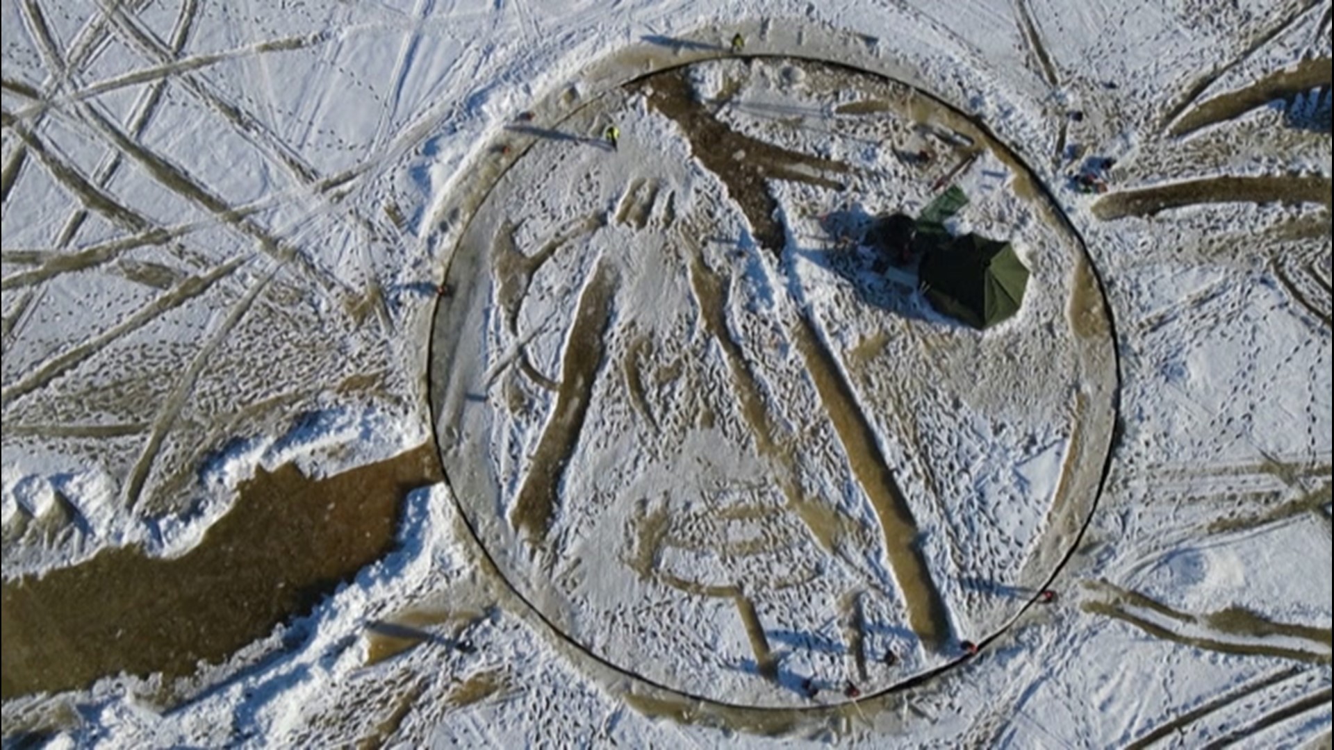 Inventor Janne Kapylehto and a crew of workers have cut a 300-meter circle into a frozen lake, with a smaller circle cut into the center and boat motors attached to make the massive ice disc spin.