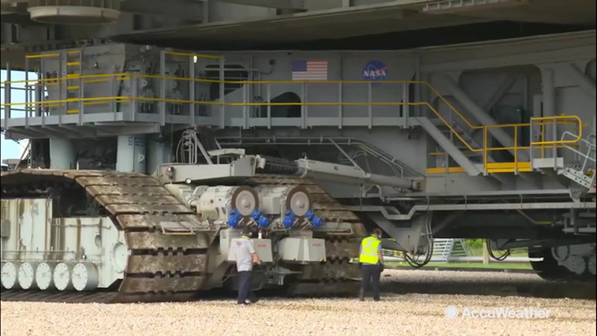 In Cape Canaveral, Florida, NASA's crawler transporter finally reached the mobile launch tower on Aug. 30. After picking up the tower, it started to move back inside at one mile per hour in order to avoid Hurricane Dorian.