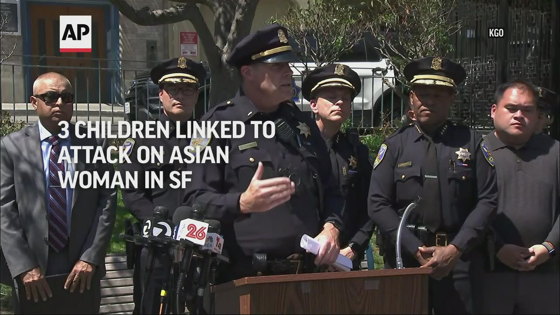 Police say three children ranging in age from 11 to 14 and an 18-year-old beat and robbed a 70-year-old Asian woman who was attacked in San Francisco last month.