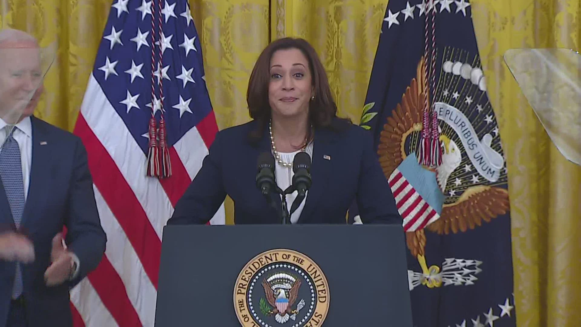 Speaking in the East Room, US Vice President Kamala Harris talked about the "many names" Juneteenth has been known as, adding "National Holiday" to the list.