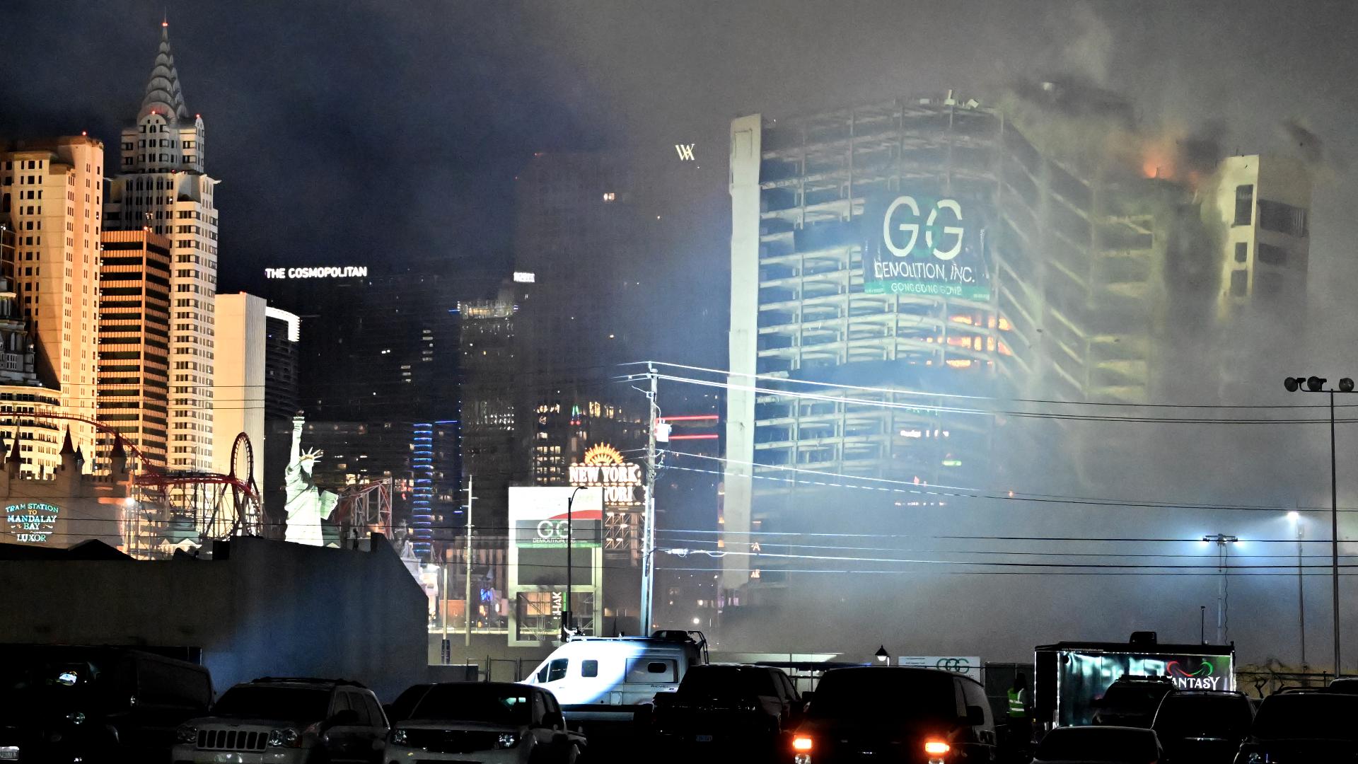 An elaborate implosion leveled two hotel towers of the legendary Tropicana in Las Vegas in a matter of seconds.