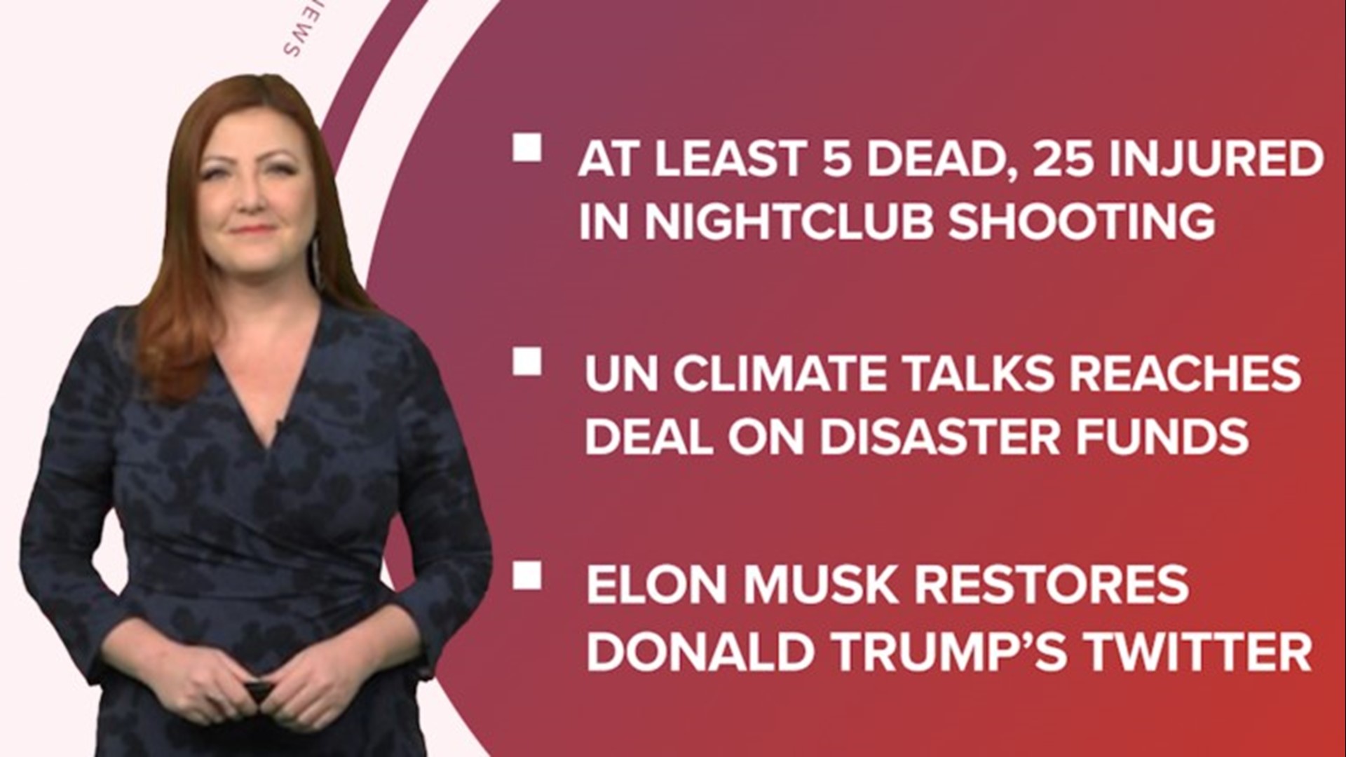 A look at what is happening in the news from an update on the deadly mass shooting in Colorado Springs to UN Climate Summit talks and the 50th American Music Awards.