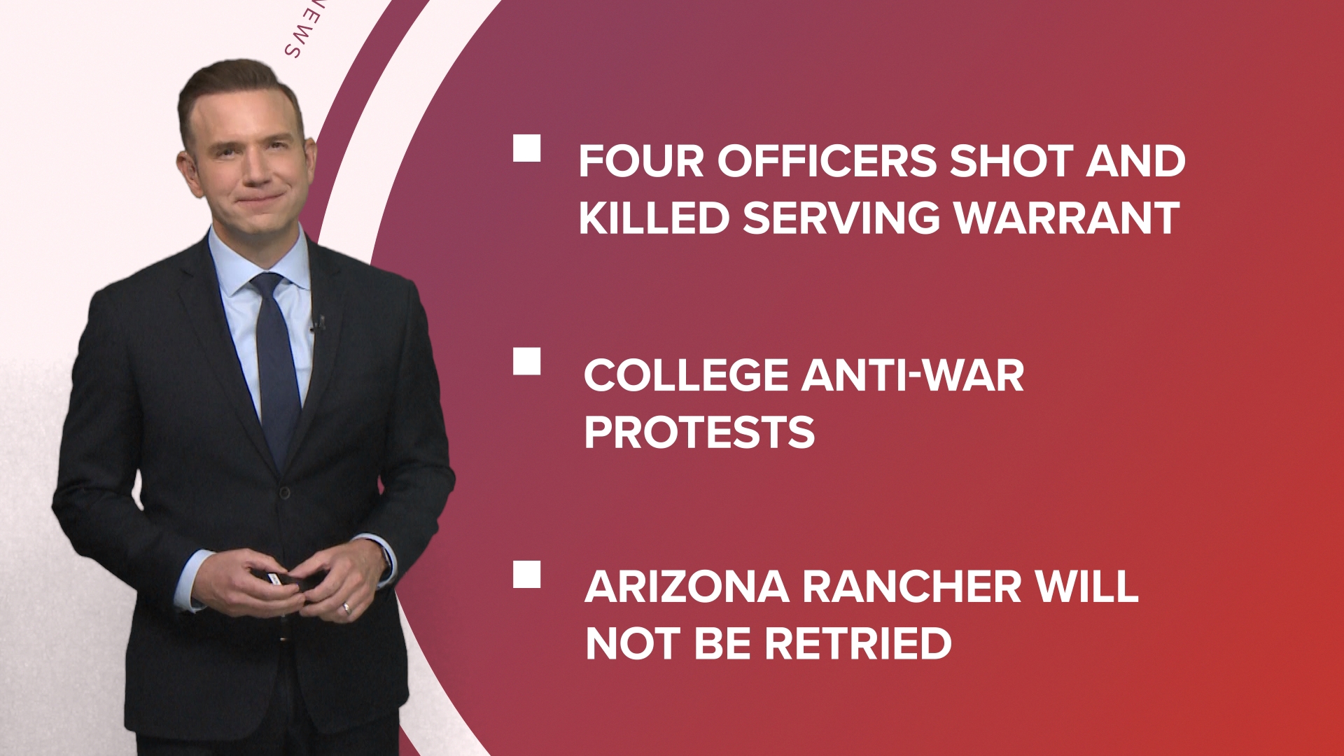 A look at what is happening in the news from four officers killed in North Carolina to more anti-war protests on college campuses and lottery winner revealed.