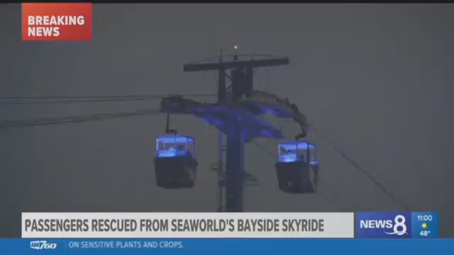 Passengers were trapped Monday night on the SeaWorld Bayside Skyride gondola ride over Mission Bay in San Diego.