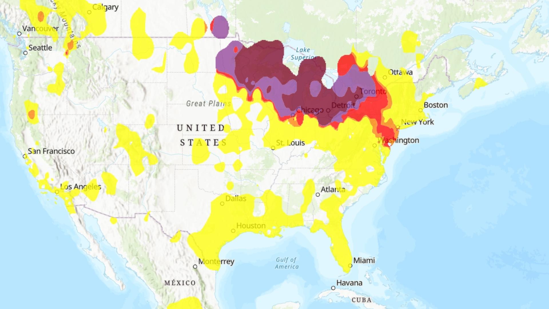 At least 12 states experiencing 'hazardous' and 'unhealthy' air quality