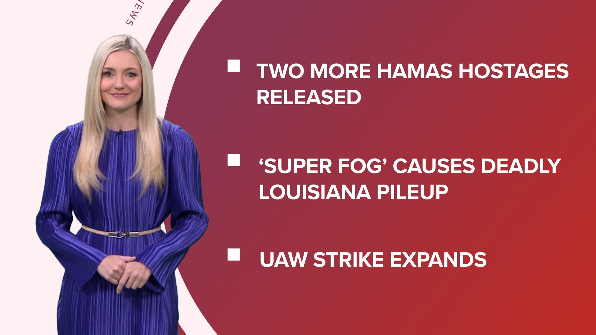 A look at what is happening in the news from two more Israeli hostages released from Hamas to a deadly pileup in Louisiana and the UAW strike expands.