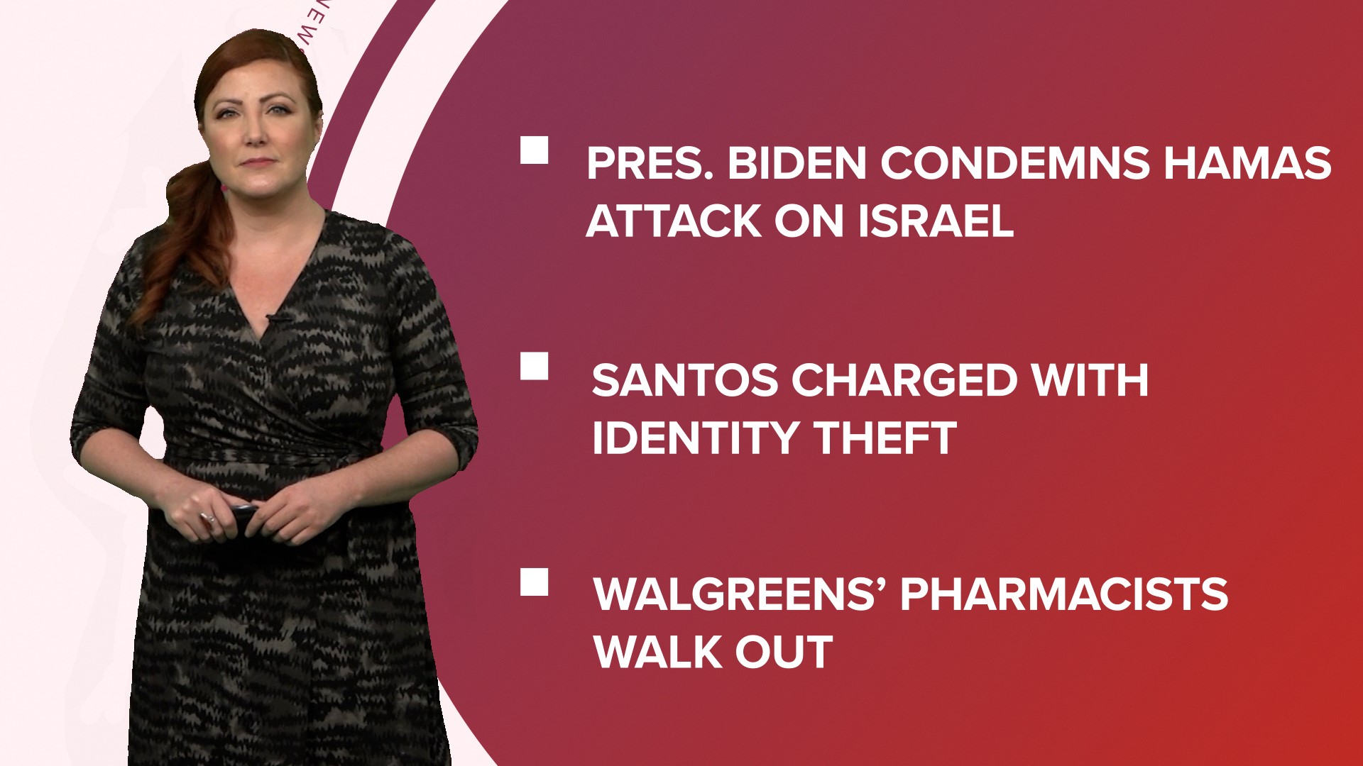 A look at what is happening in the news from President Biden condemning the attack on Israel and Walgreens' pharmacists walk out to Rep. George Santos charged.