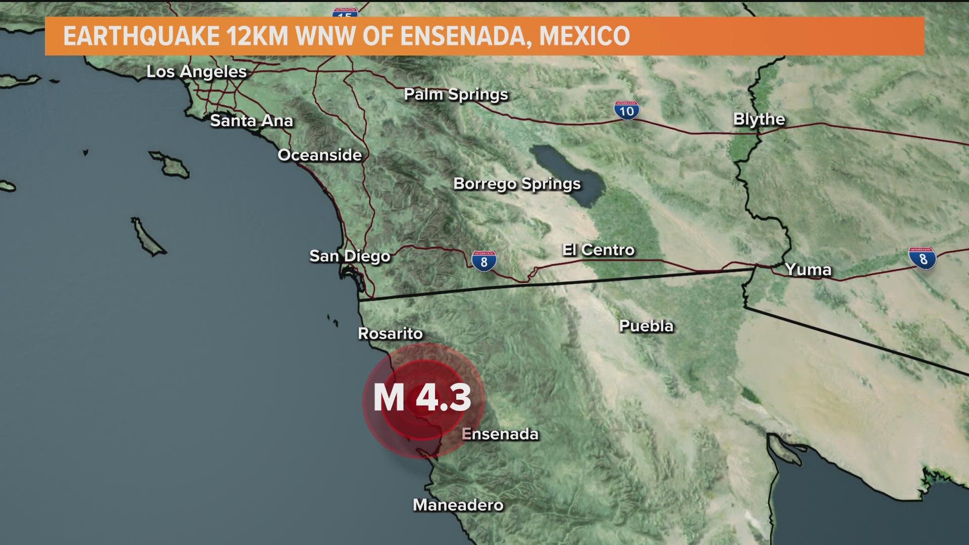 USGS reports a 4.3 magnitude earthquake near Ensenada, Mexico on Monday morning.