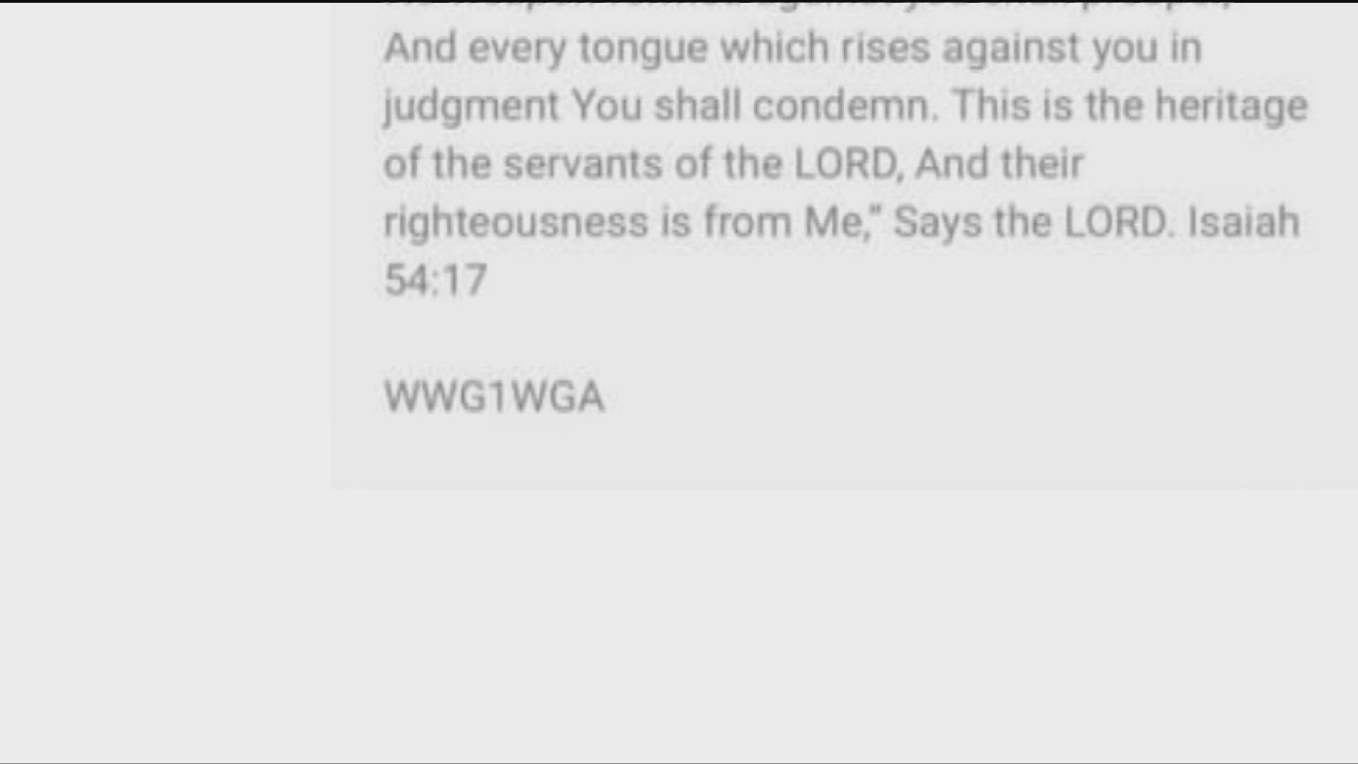 The post ends with an acronym, WWG1WGA. The slogan often is used in communications by adherents of the QAnon conspiracy theory group.