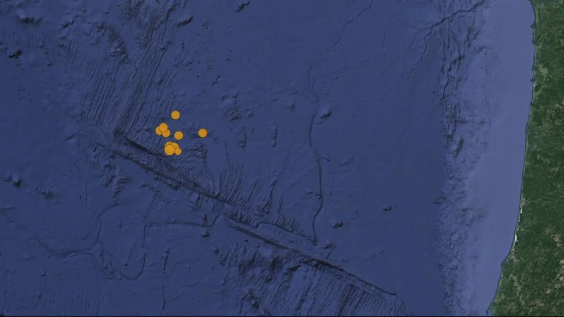 A swarm of more than 50 quakes rumbled under the ocean about 250 miles west of Newport, as strong as magnitude 5.8.