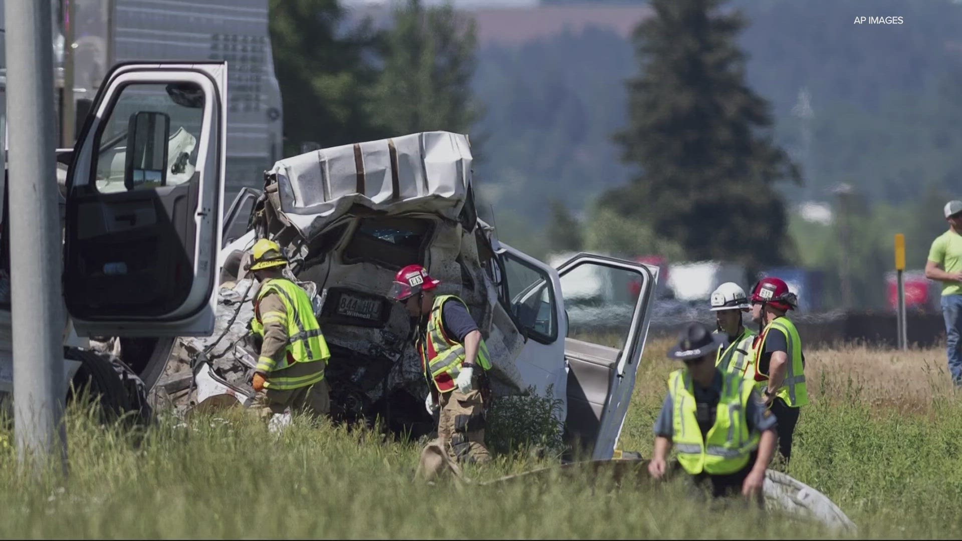 The crash involved two semi trucks and a van carrying 11 people. One of the semi truck drivers was arrested for multiple charges including DUII and reckless driving.