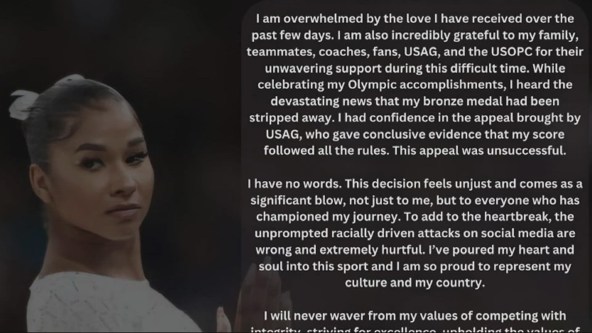 The Team USA gymnast responded publicly for the first time after being asked to return the bronze medal she was awarded in the floor exercise.