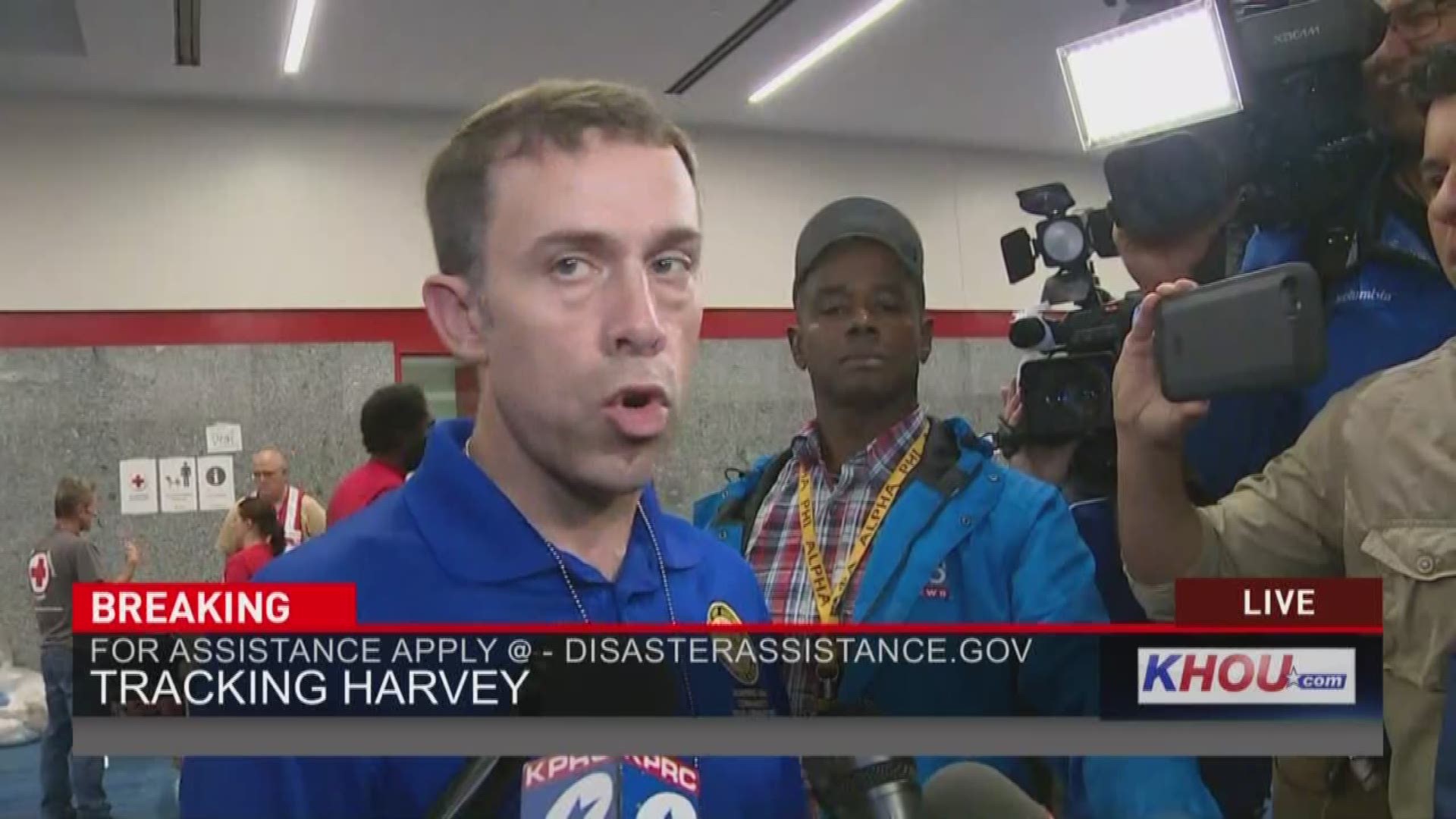 Houston Director of housing Tom McCasland gives updates on the George R. Brown convention center shelter. Things are under control at the center, where 9,000 people are seeking refuge from tropical storm Harvey.
