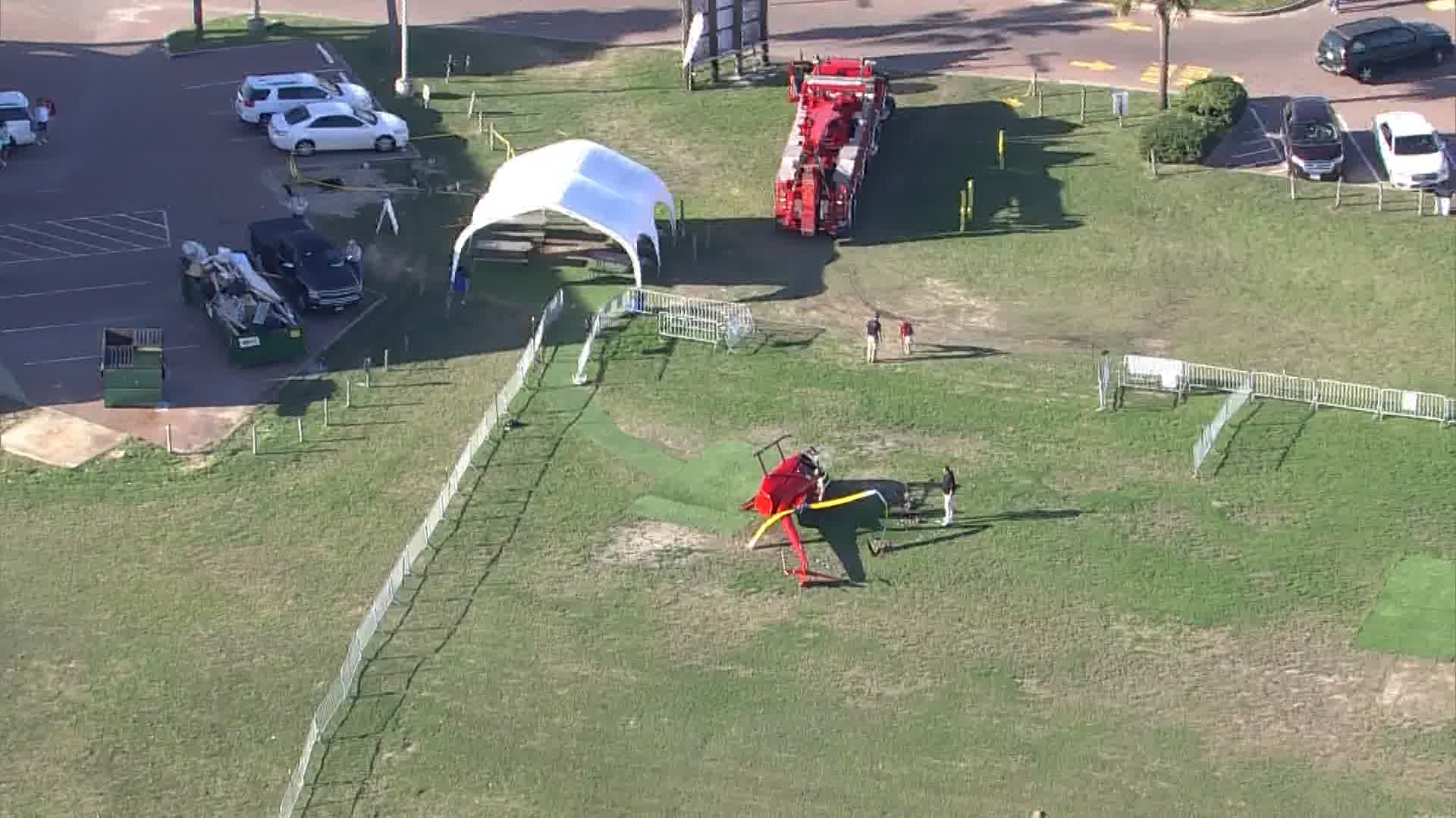 Aerial video and footage from the ground show the aftermath of the helicopter tipped. The chopper was taking off when it tipped. No one was hurt.
