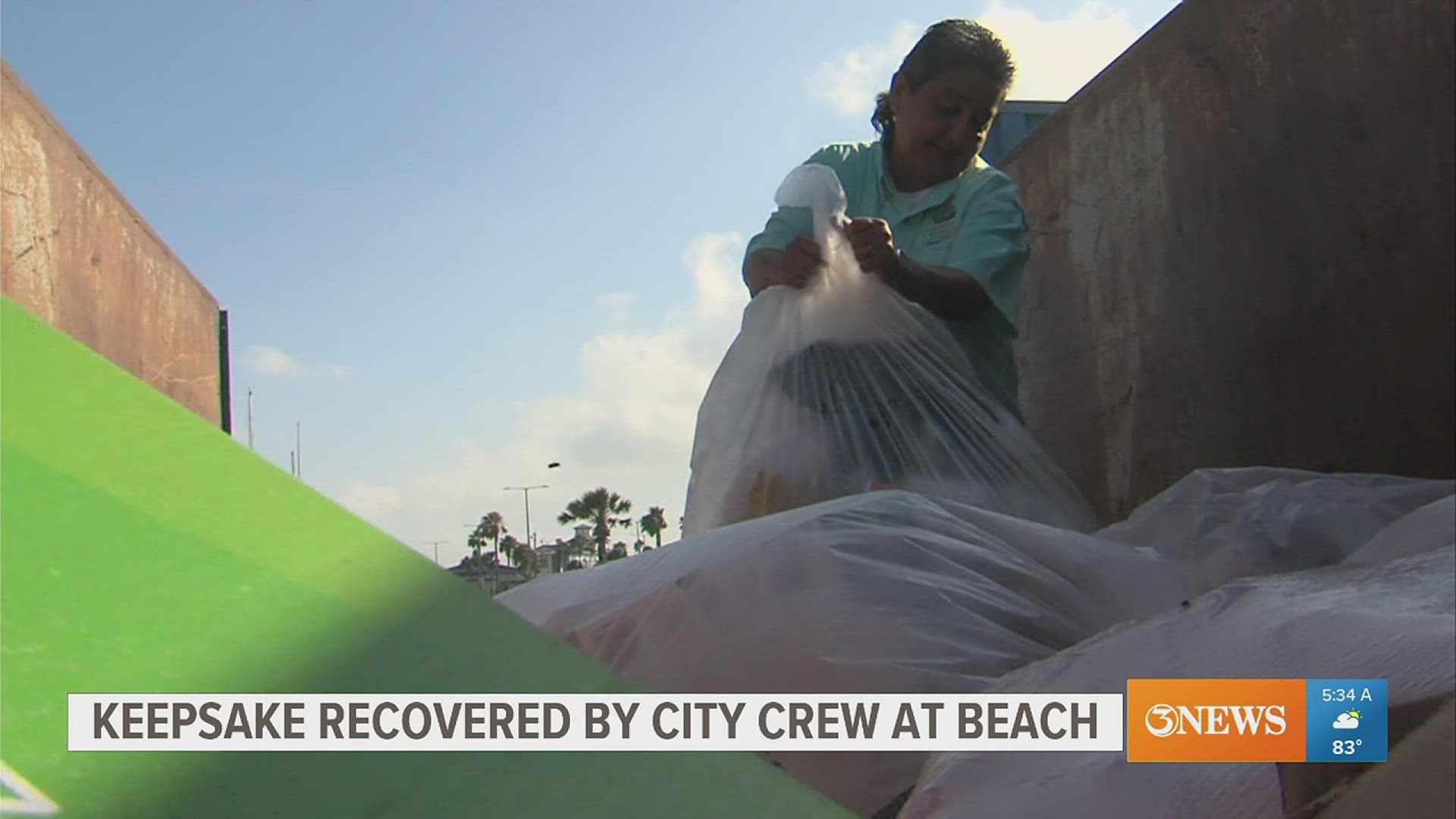 An Iowa teen lost a ring with her father's ashes in it at a Corpus Christi beach. A Parks and Rec employee dug through tons of trash to find it for her.