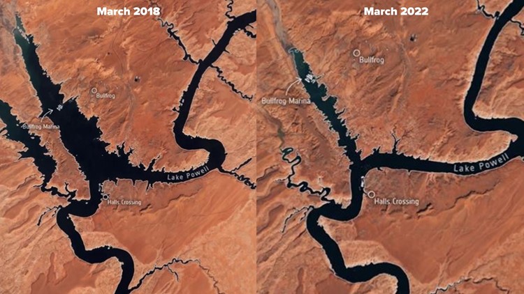 Lake Powell's drastic drop in water level shown in clear satellite images