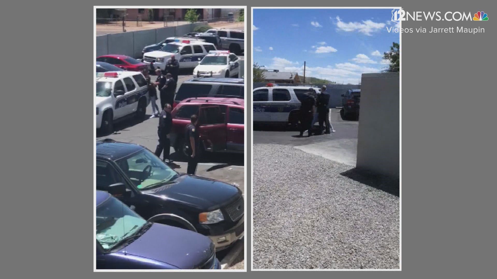 This video syncs the perspectives of two citizen-shot videos of the confrontation May 27 between Phoenix police and Dravon Ames and fiancee Iesha Harper outside a Phoenix apartment complex. The first voice heard shouting at the couple is that of Officer Christopher Meyer, a 24-year veteran. The officer who enters about 40 seconds later hasn't been identified by Phoenix police. A spokesman told 12 News the officer has been on the force about one year. WARNING: Some viewers might find the language in these videos offensive.