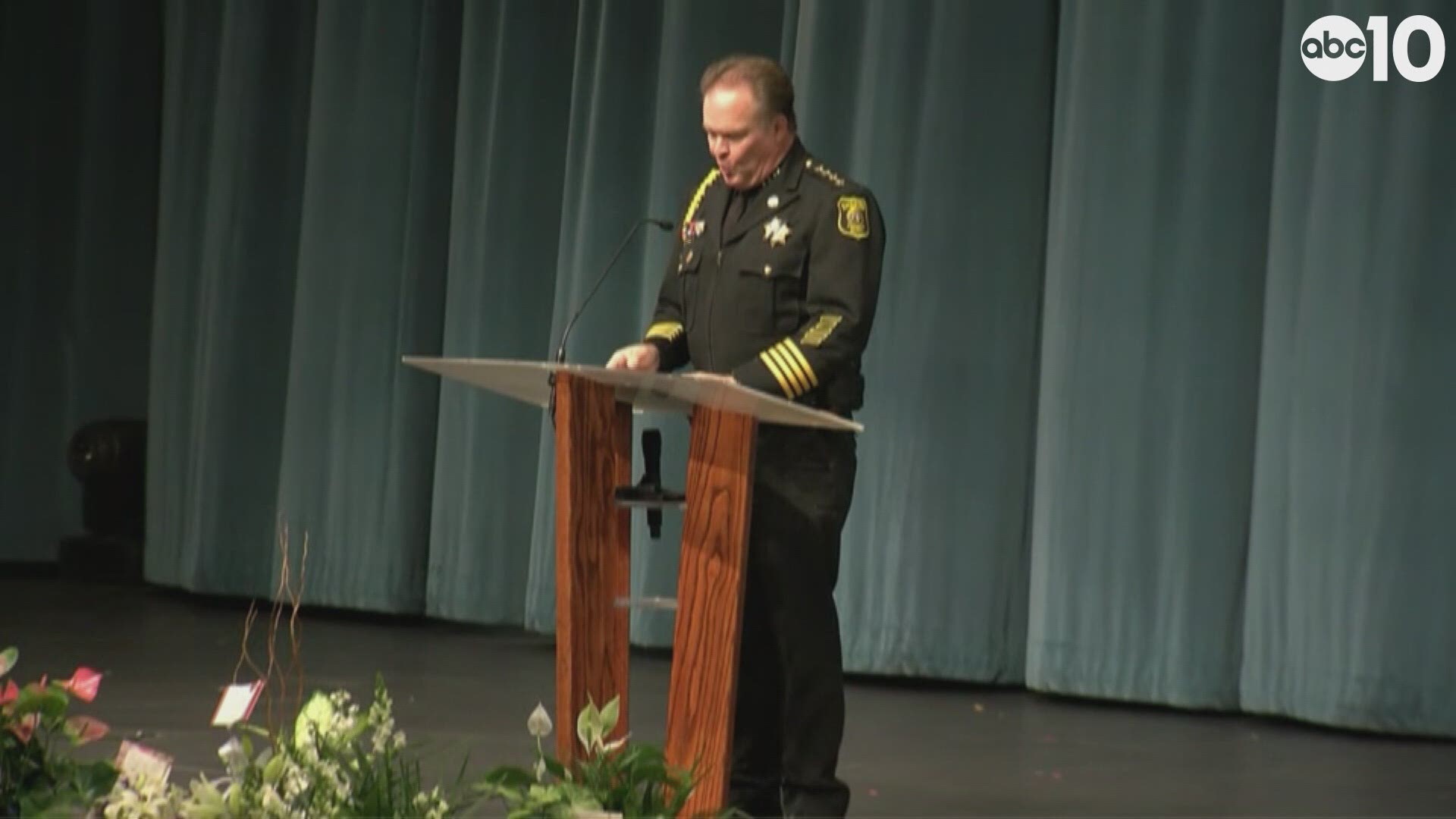 Stanislaus County Sheriff Adam Christianson eulogizes Deputy Hinostroza.