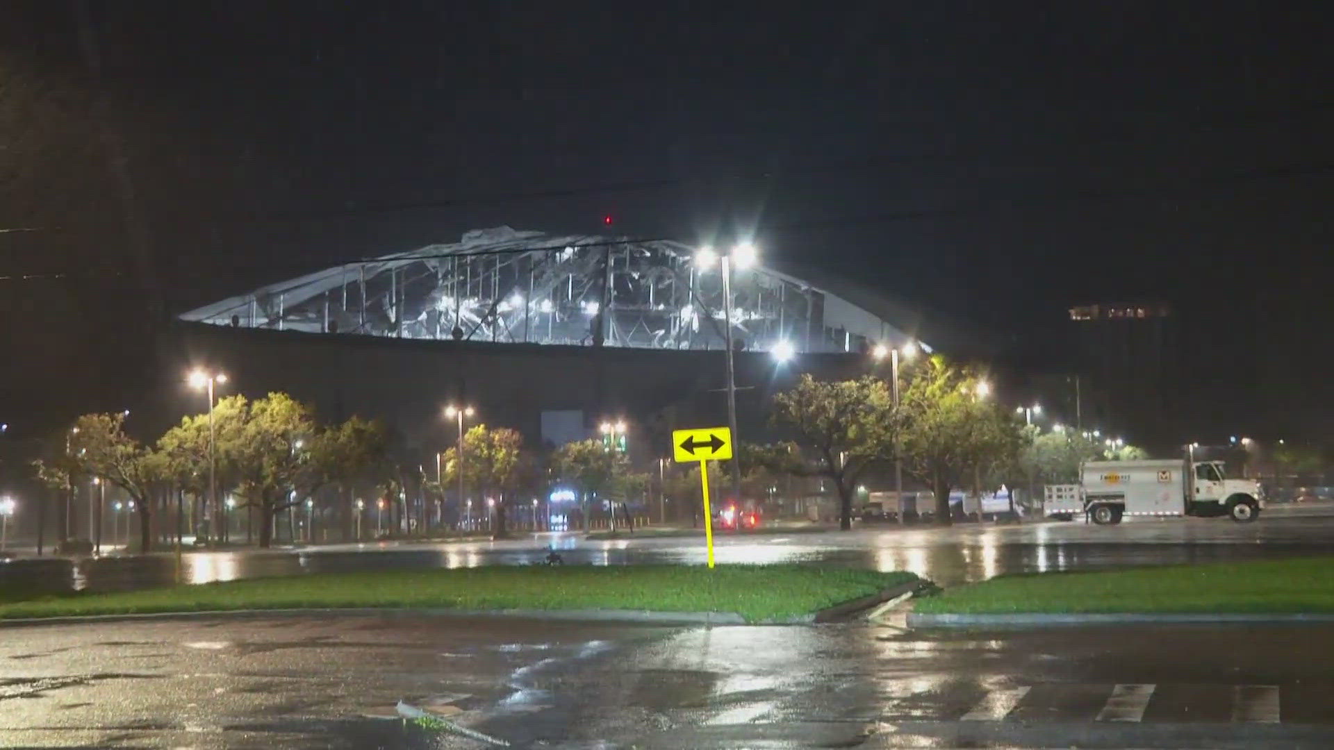 The aftermath of Hurricane Milton includes the roof of Tropicana Field being torn off the building due to the high winds.