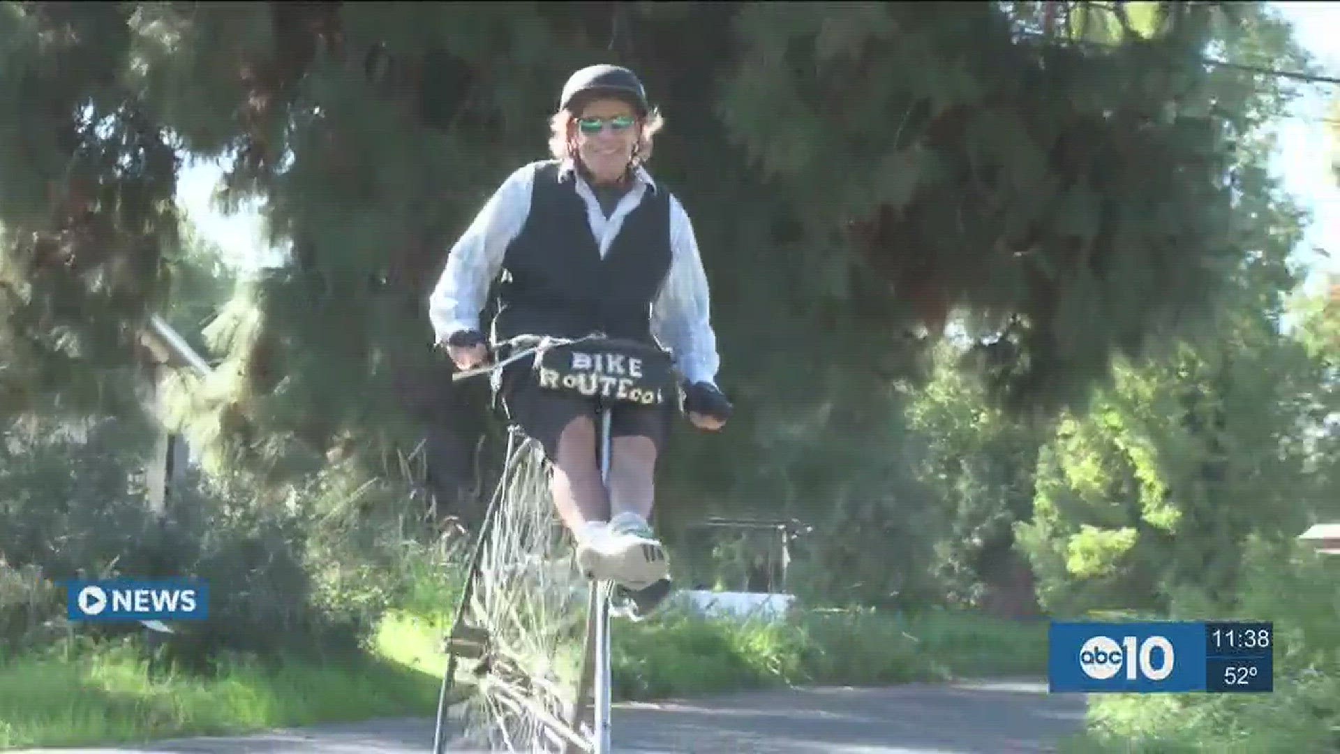 Davis man who rides high wheeler has big dreams of a bicycle freeway. (Nov. 3, 2016)