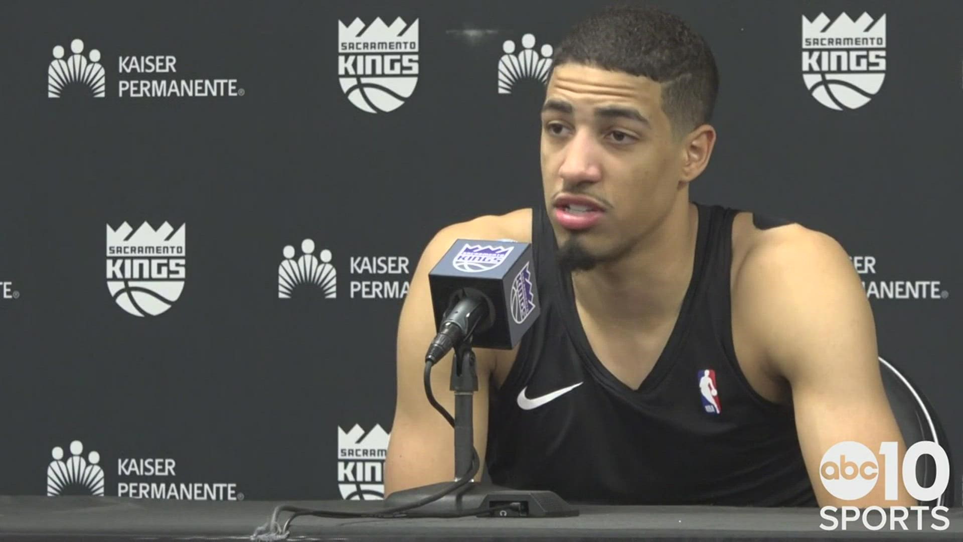 Kings guard Tyrese Haliburton on Monday's 109-108 loss to the Cleveland Cavs & having a better competitive spirit compared to the previous loss in Portland.