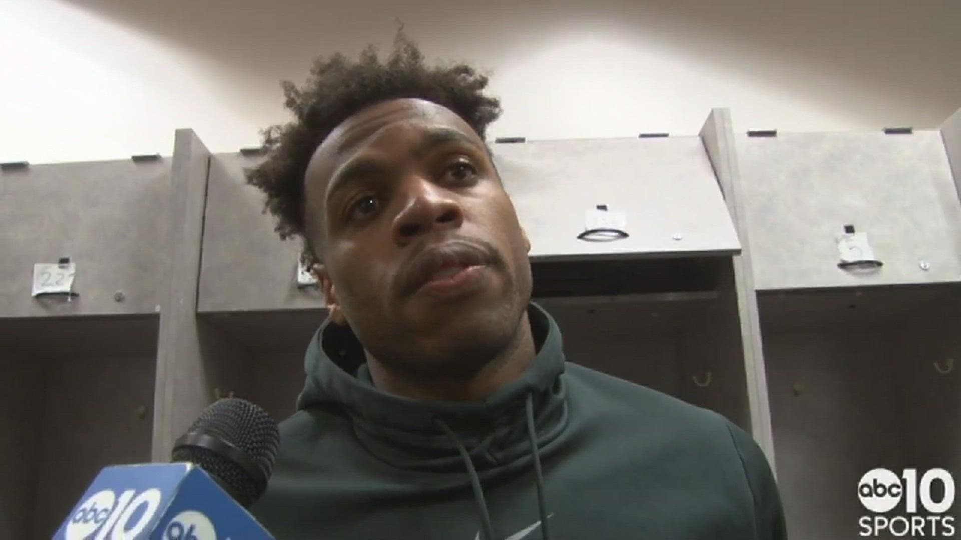 Kings guard Buddy Hield talks to ABC10's Sean Cunningham about Sacramento's second victory over the Warriors in Oakland this season, on Friday night.