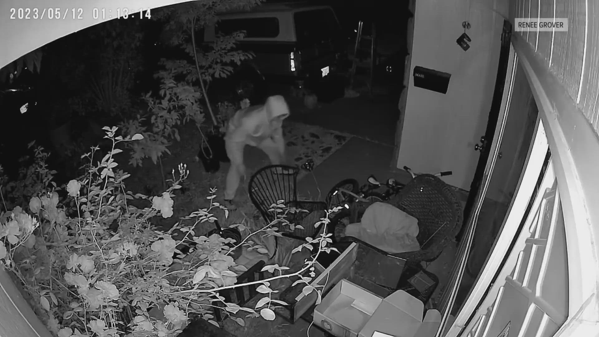 Renee Grover says she and her family are unable to sleep after a person was caught on camera in their front patio at 1 a.m. Friday morning, chasing their cat.