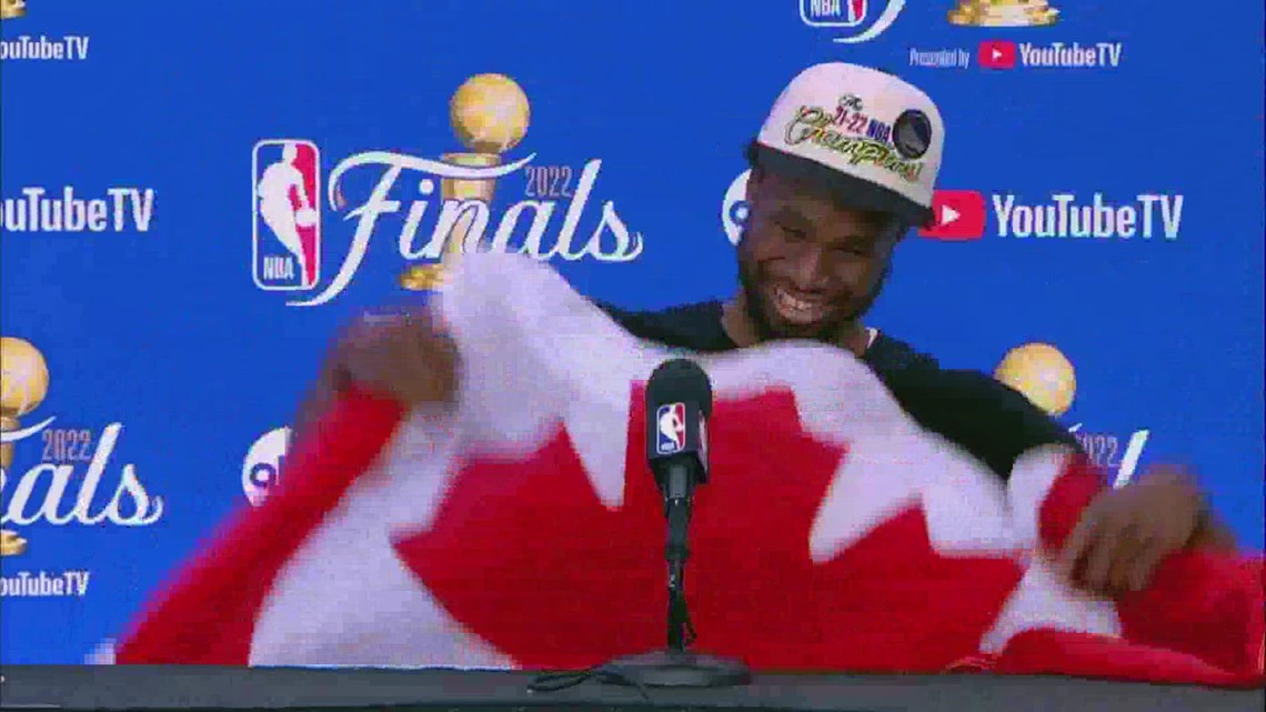 Andrew Wiggins pulls out Canadian flag | Warriors Post 2022 Finals conference