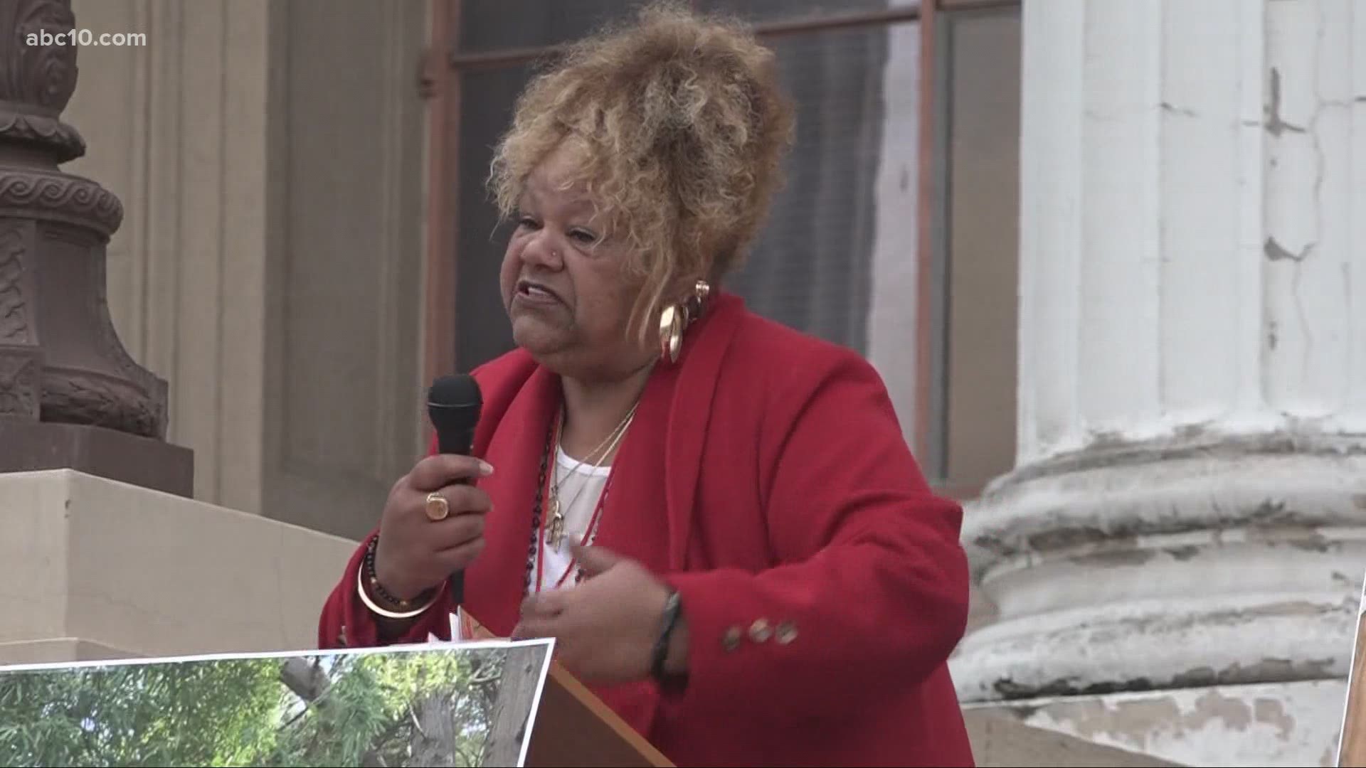 Stephanie Hatten, spoke before a crowd at Stockton City Hall on Friday. Her son, Antwane Burrise was killed by police in the summer of 2020.