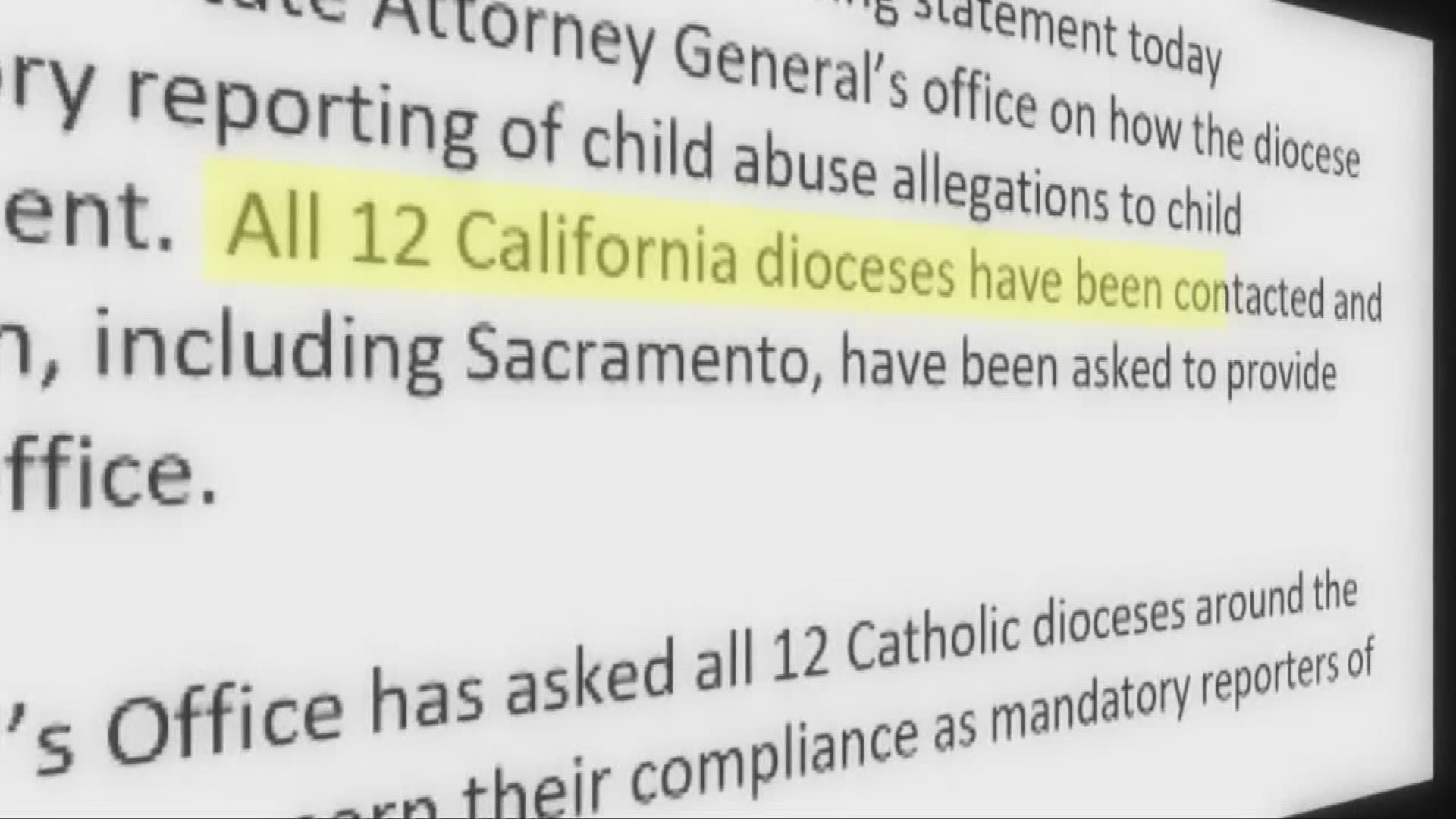 The Attorney General's office sent letters out to all 12 California dioceses, asking them to preserve documents relating to how they carry out their responsibilities under the state’s mandatory reporter law for child sex abuse.