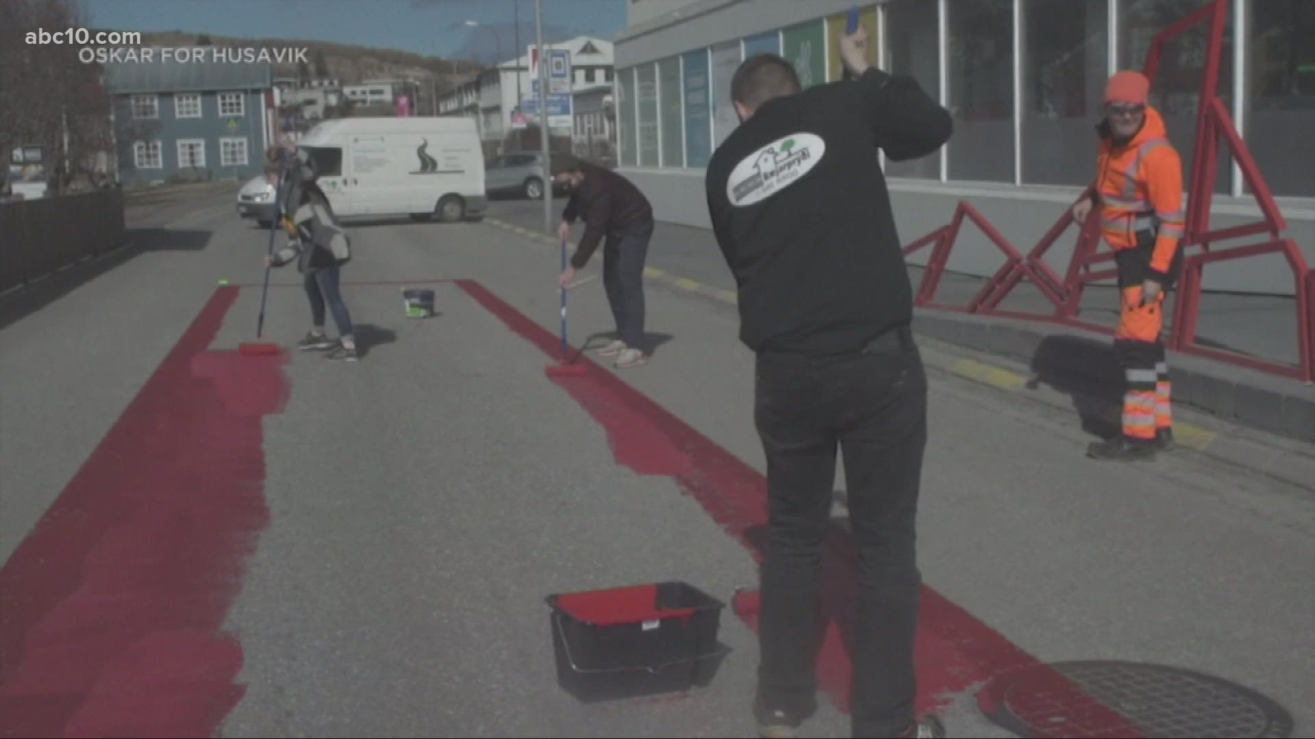 Húsavík is painting the streets red for residents to have a red carpet moment after being name-dropped in an Oscars-nominated song from 'Eurovision.'