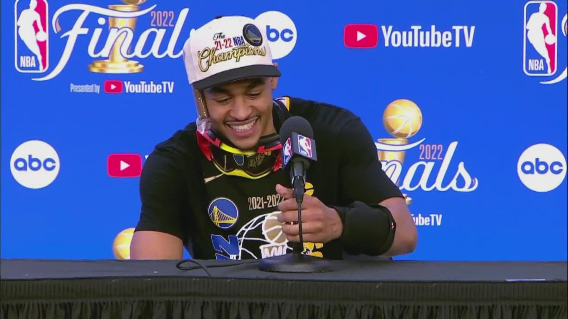 Golden State Warriors' Jordan Poole are sitting down for a brief postgame conference after winning Game 6 of the NBA Finals and clinching the conference.