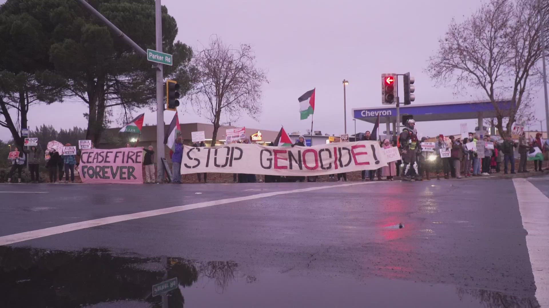 Organizers said some were arrested after protesting Travis Air Force Base in Fairfield over its purported military assistance to the state of Israel.