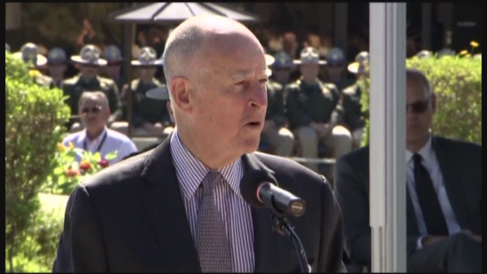 California Gov. Jerry Brown attended a wreath laying at the California Highway Patrol Memorial Fountain in West Sacramento. 