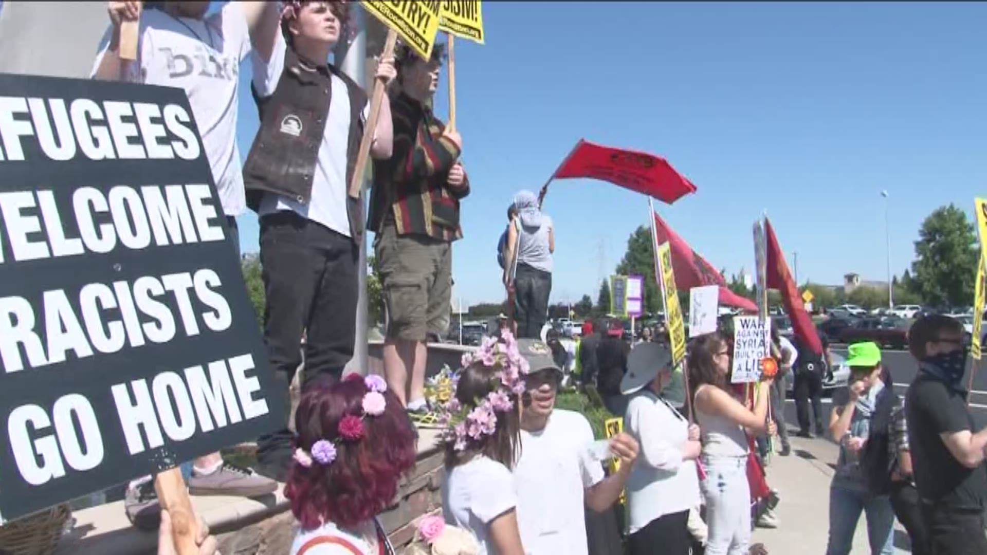 Hundreds of demonstrators gathered outside 'The Fountains' in Roseville over an anti-Sharia law protest. 