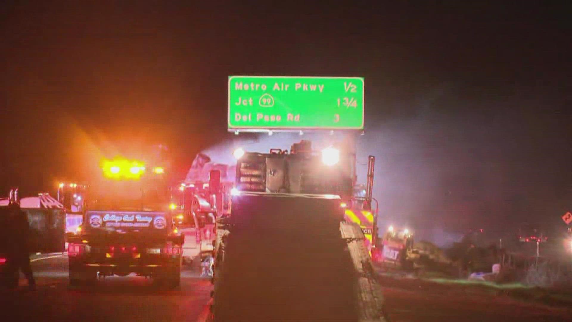There's no estimated time southbound I-5 near the Sacramento International Airport will reopen Monday after being closed due to a big rig crash.