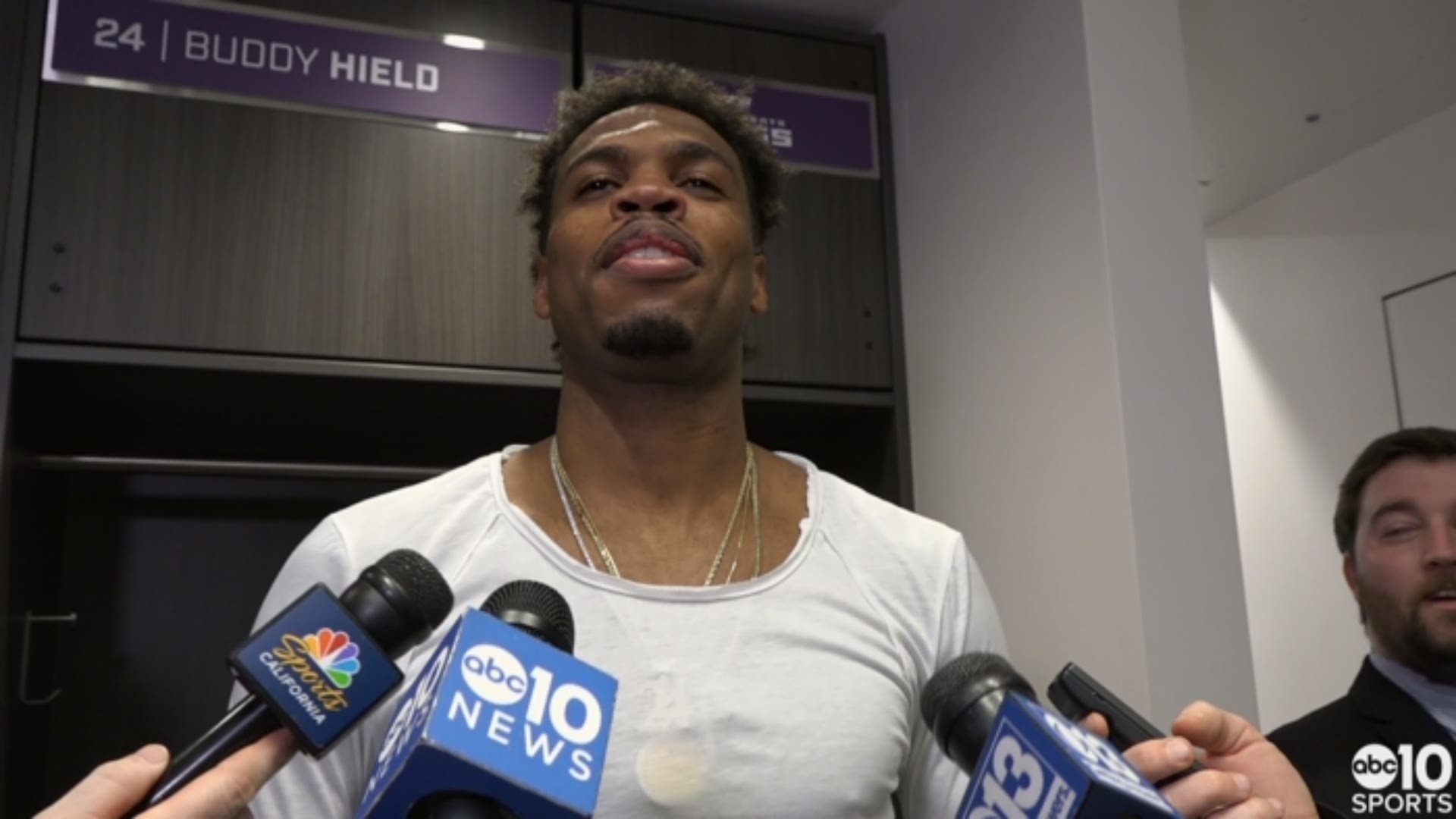Buddy Hield talks about leading the Kings to a 115-108 victory over the Philadelphia 76ers on Saturday, his confidence in his improved shooting and his new career-high for most three-pointers made in a season.