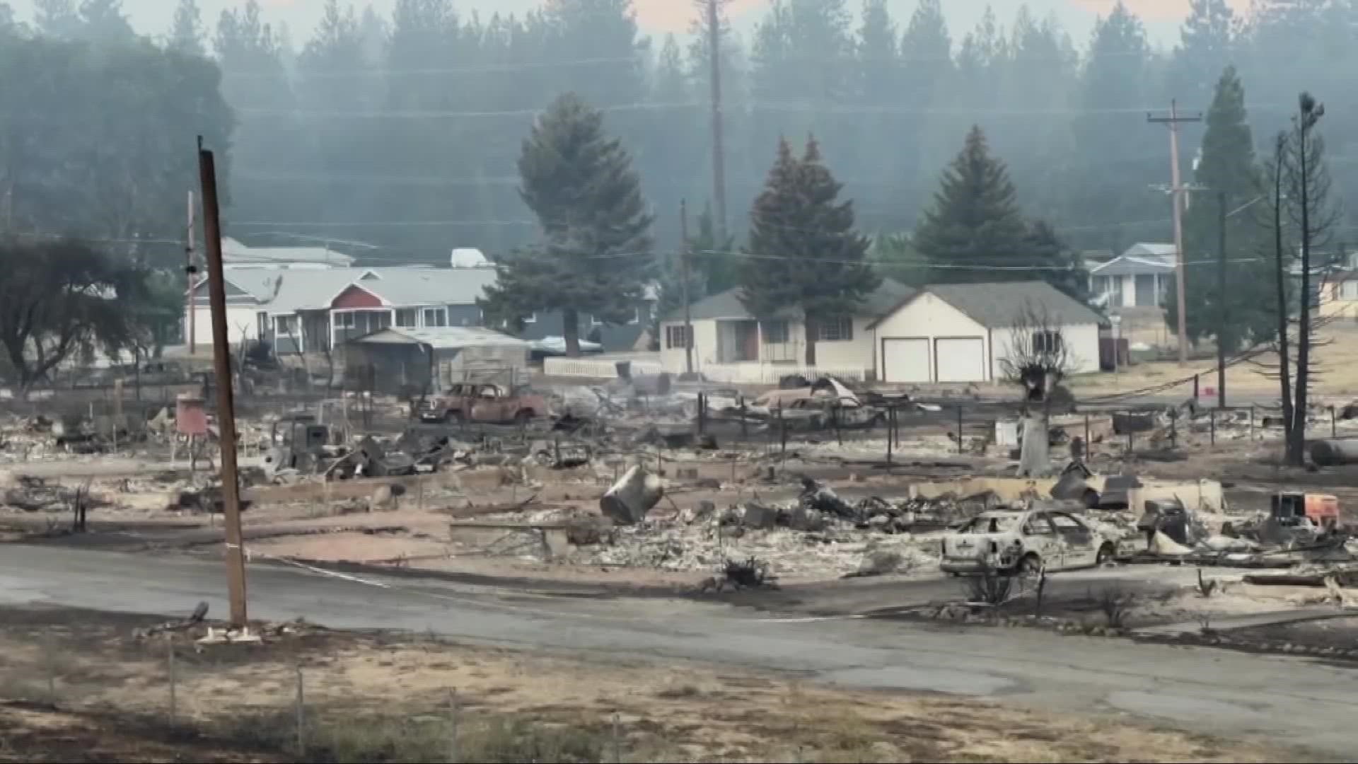 Two people are injured, over 100 homes are destroyed, and several thousand people have been evacuated from the county just south of the Oregon border.