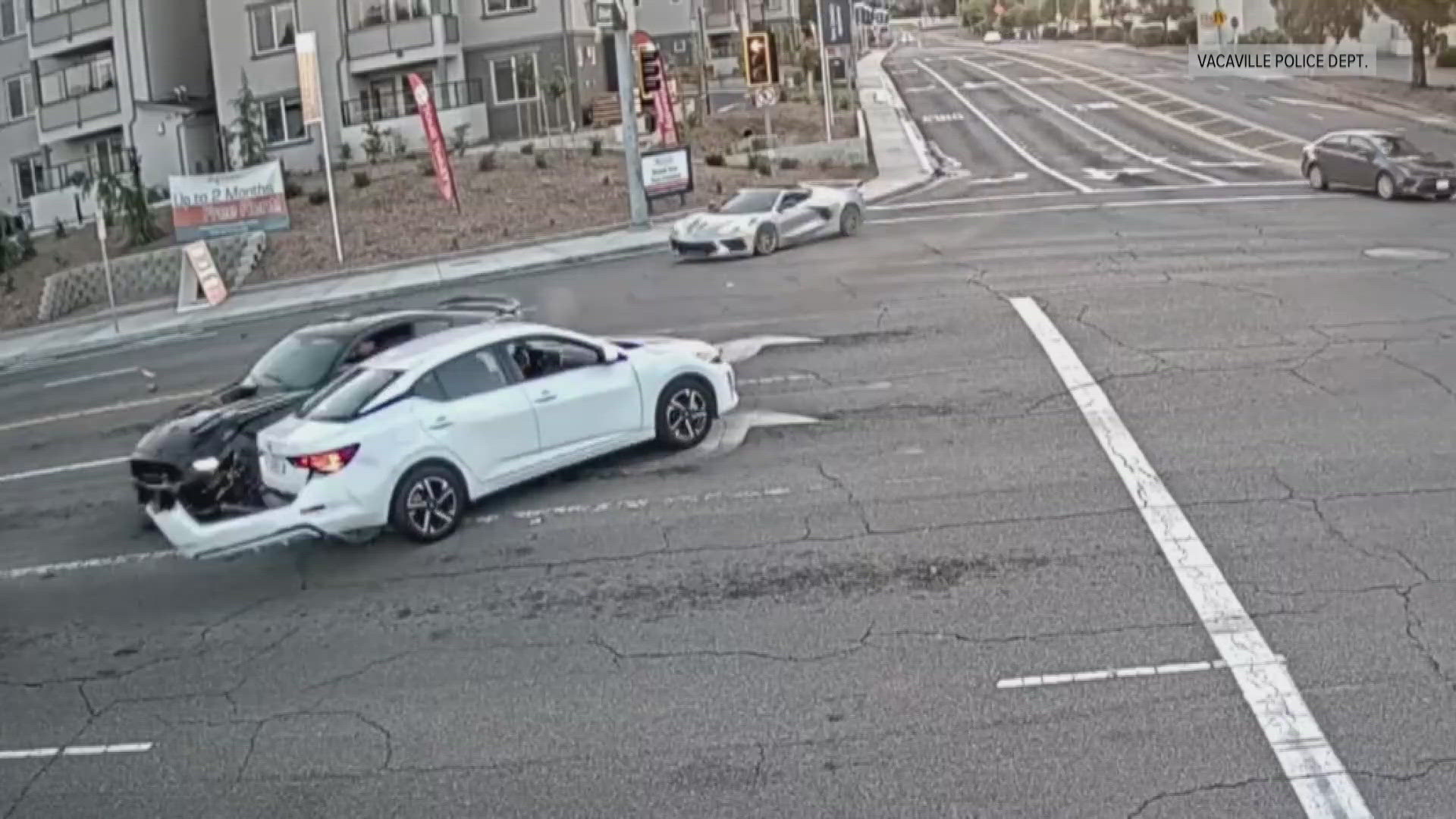 Police say a Vacaville man was taken to jail after crashing into two cars during a street race, injuring one.
