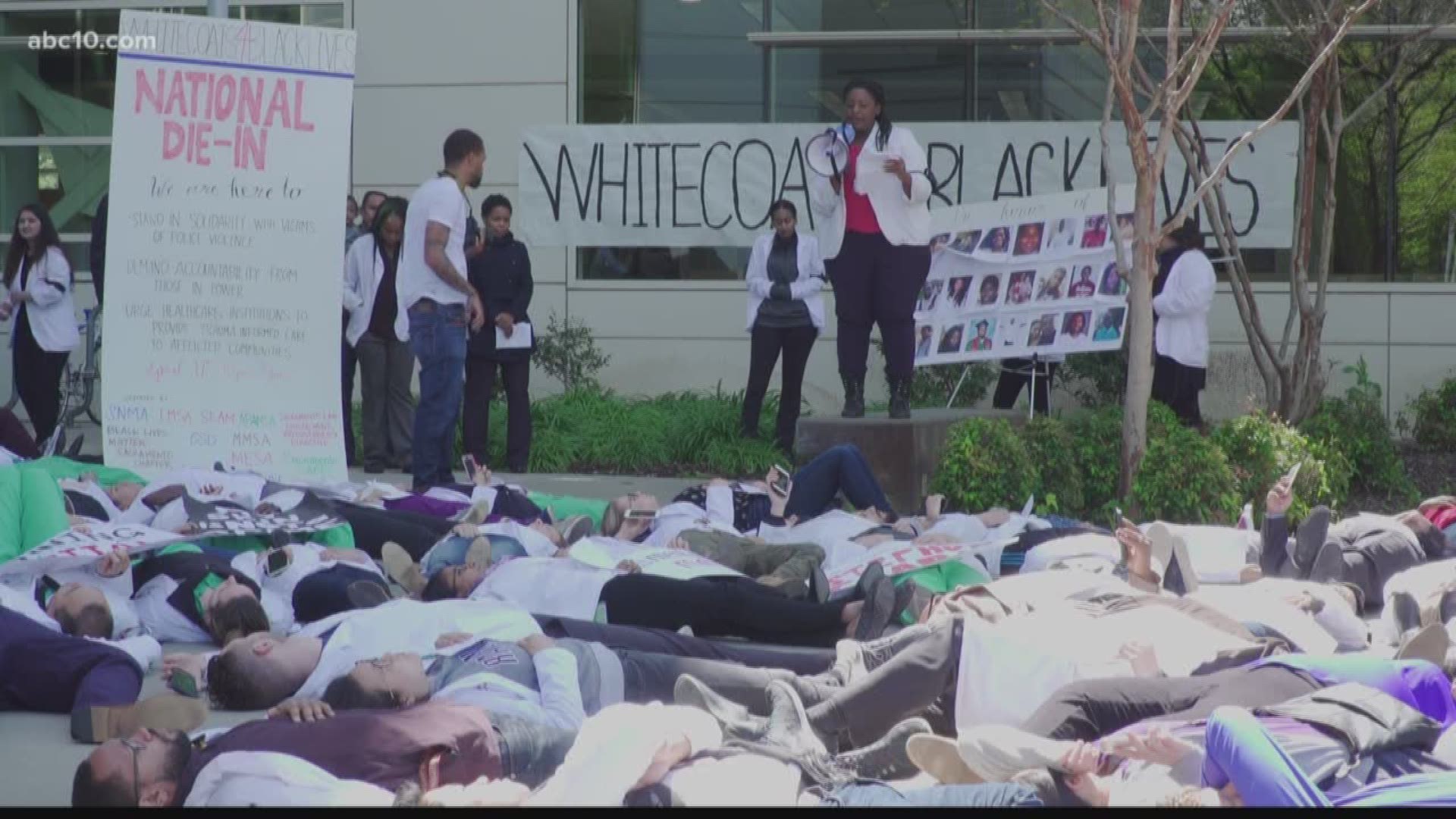Students at the UC Davis School of Medicine participated in a 'die-in' protest in response to the shooting and killing of Stephon Clark. (April 17, 2018)