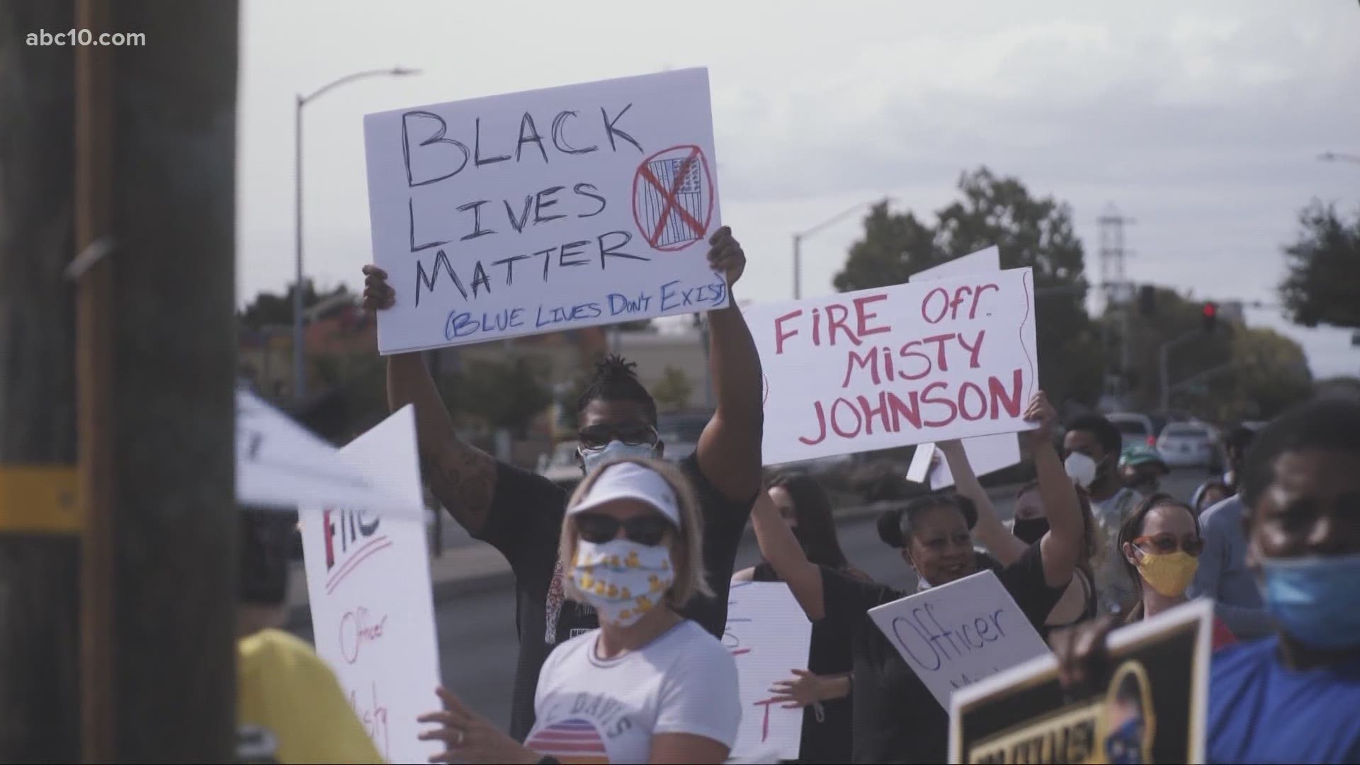 Black Lives Matter Sacramento protested outside of Misty Johnson's home, who was accused in a viral video of harassing a Black teenager during a traffic stop.