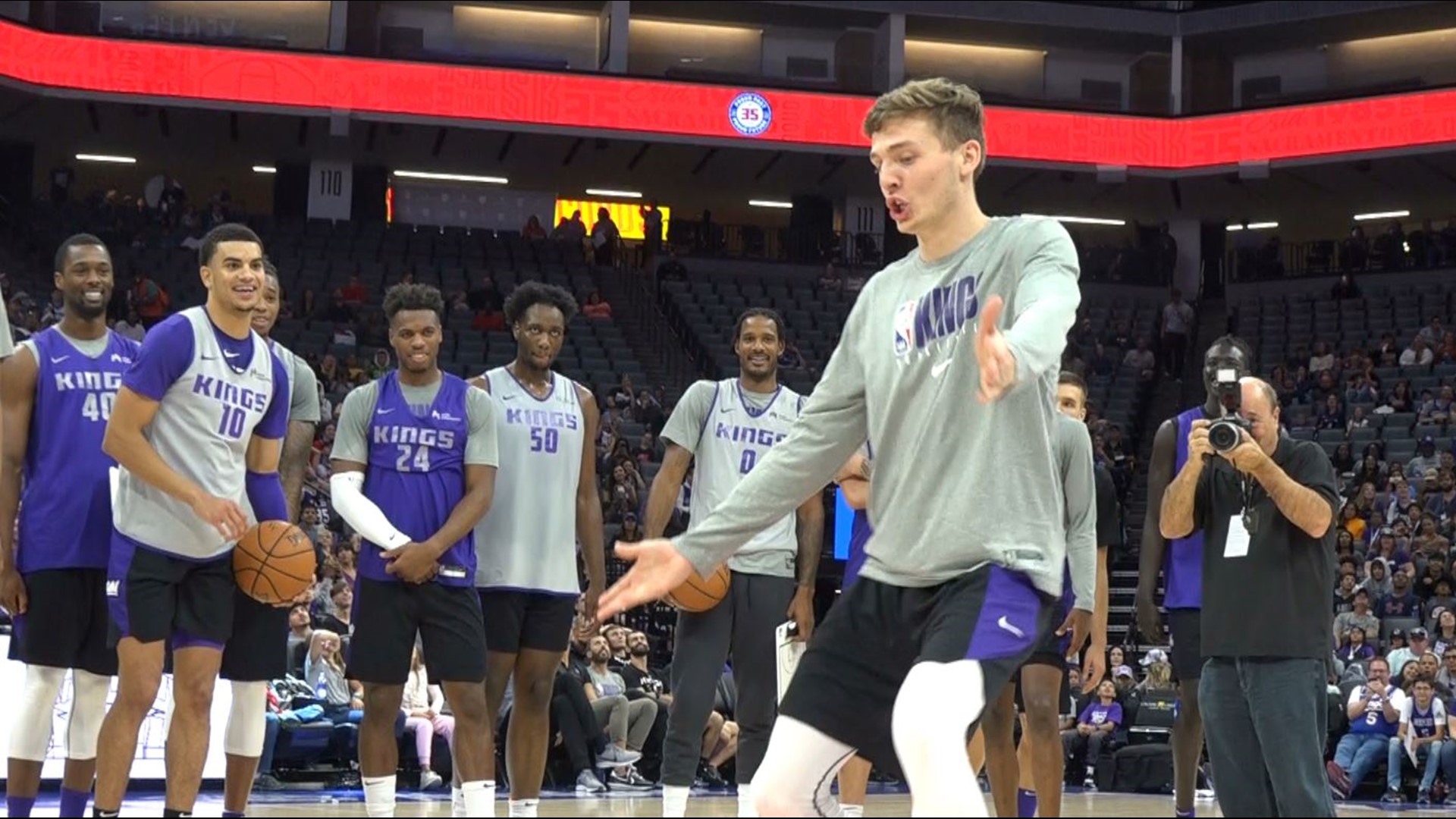 Sacramento Kings rookies Justin James and Kyle Guy show off their moves during Saturday's Fan Fest at Golden 1 Center while competing in the annual rookie dance-off.