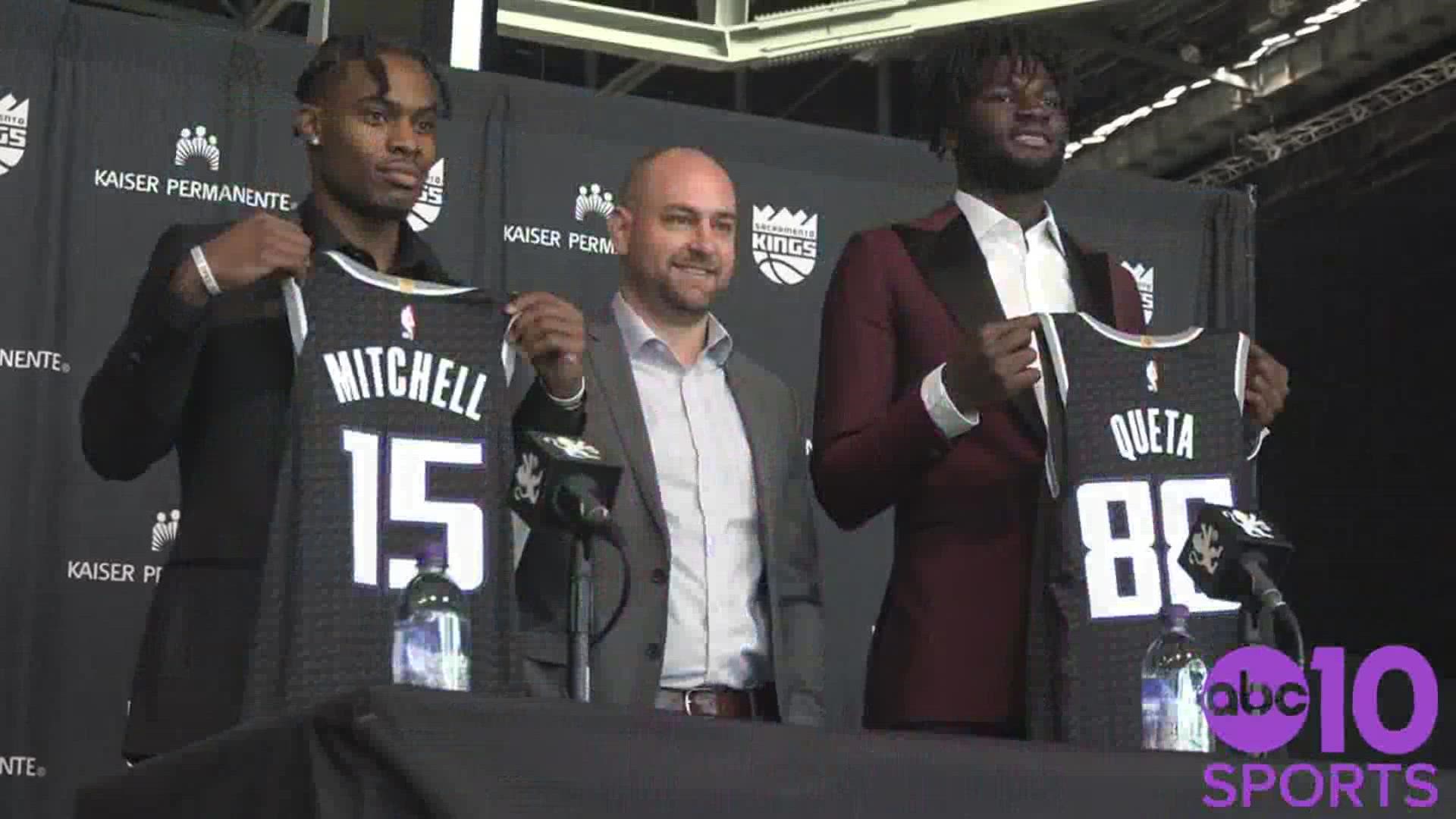 Sacramento Kings GM Monte McNair introduces his NBA draft picks Davion Mitchell of Baylor and Utah State's Neemias Queta on Saturday morning at Golden 1 Center.