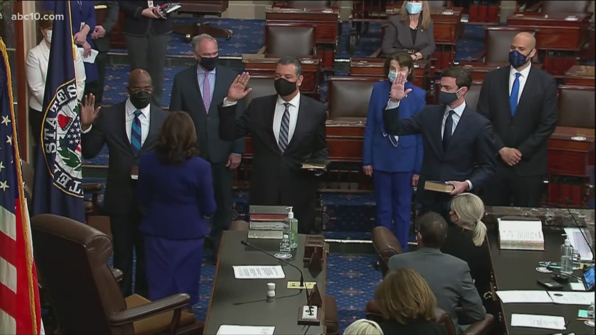 Former California Secretary of State Alex Padilla is sworn in to fill the vacant Senate seat left by Vice President Kamala Harris.