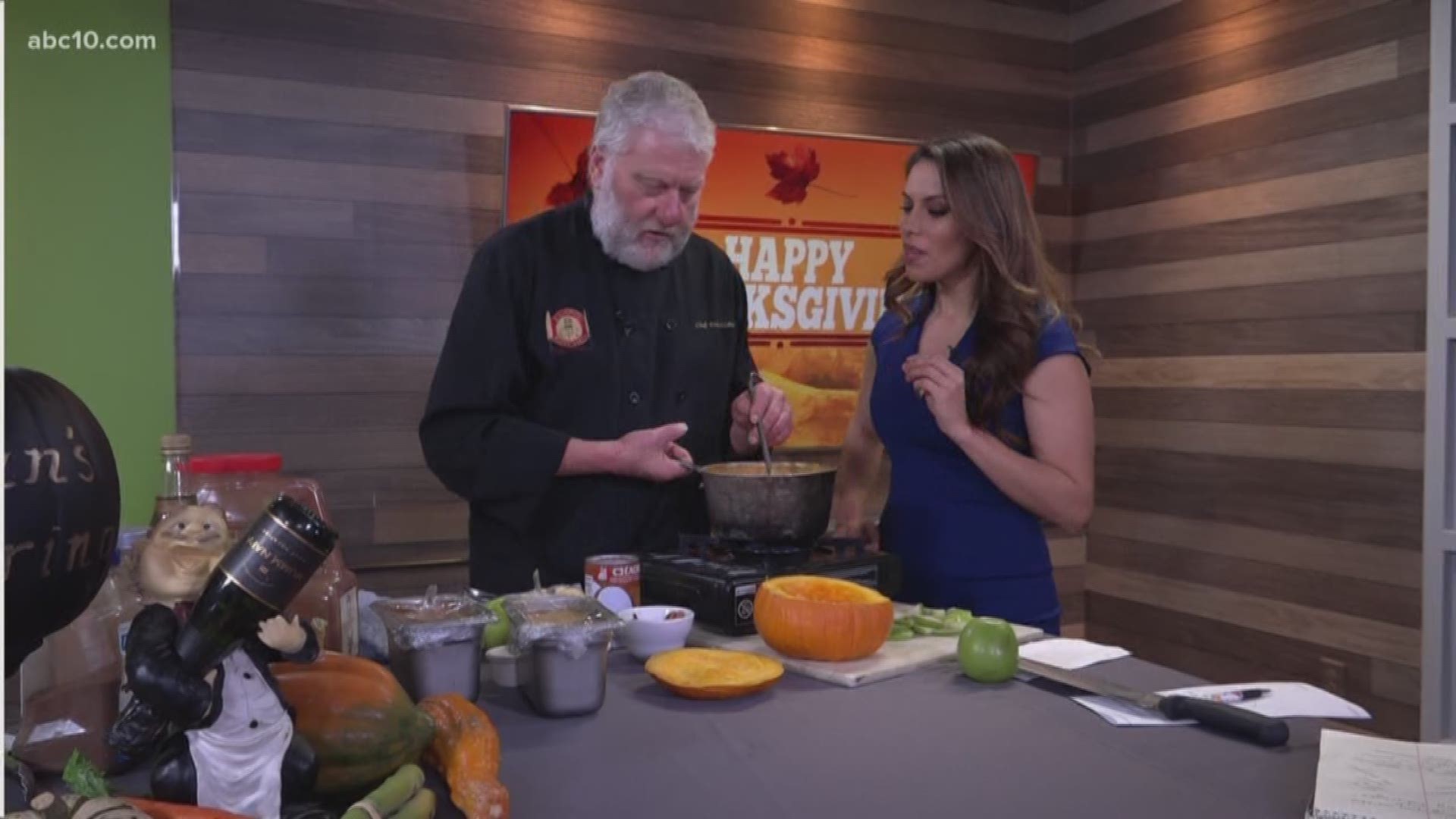 Chef Evan Elsberry, from Evan's Kitchen in Sacramento, shows us how you can impress your guests this Thanksgiving, by whipping up a vegan pumpkin apple soup inside a mini pumpkin.