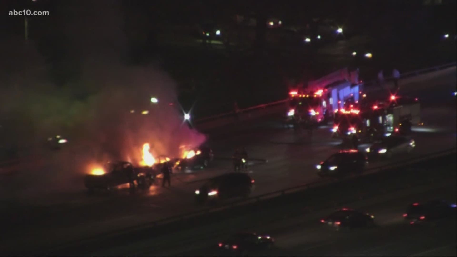 The crash happened along westbound HW-50 at 15th Street. According to Caltrans, the three car crash blocked four lanes and resulted in a vehicle fire.
