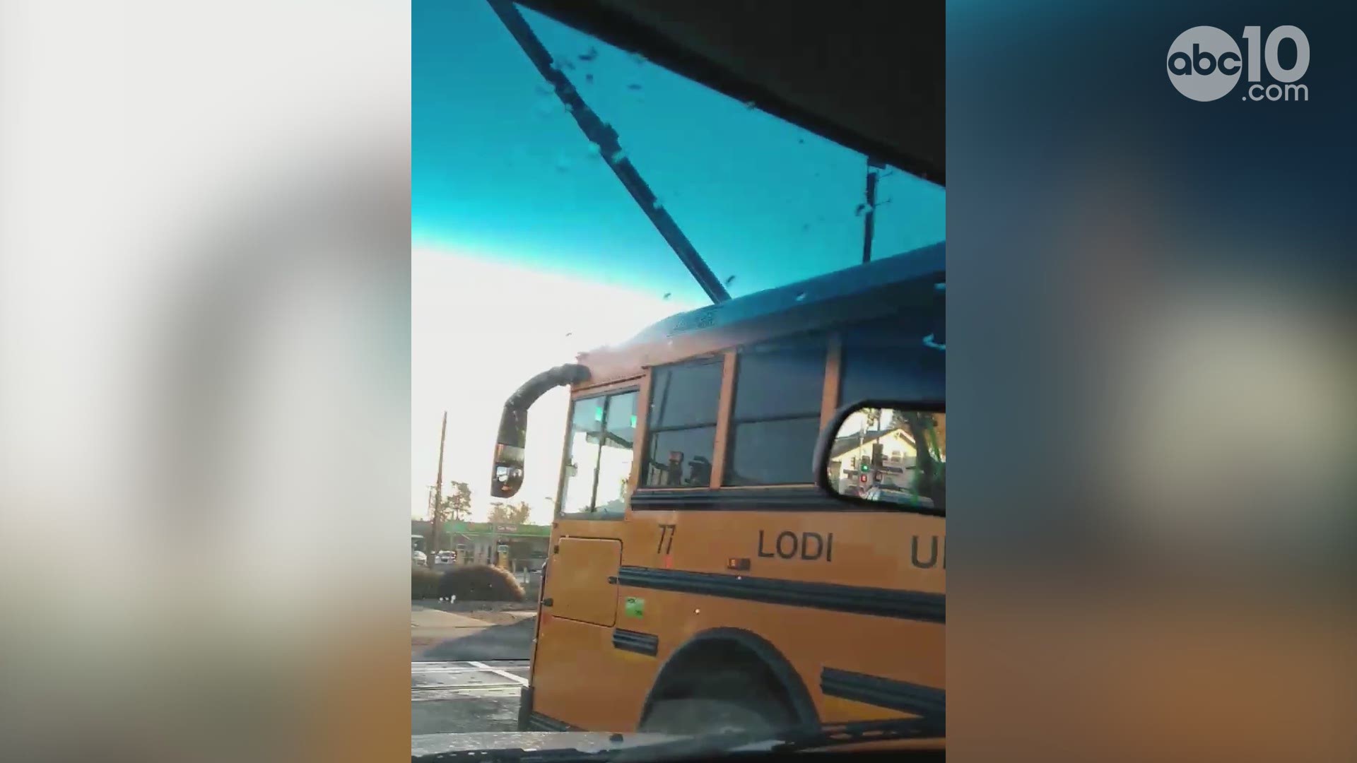 A video shows a Lodi Unified School District bus stopped dangerously close to the railroad tracks and passing train in Lodi. (Video from Justin Clubb)