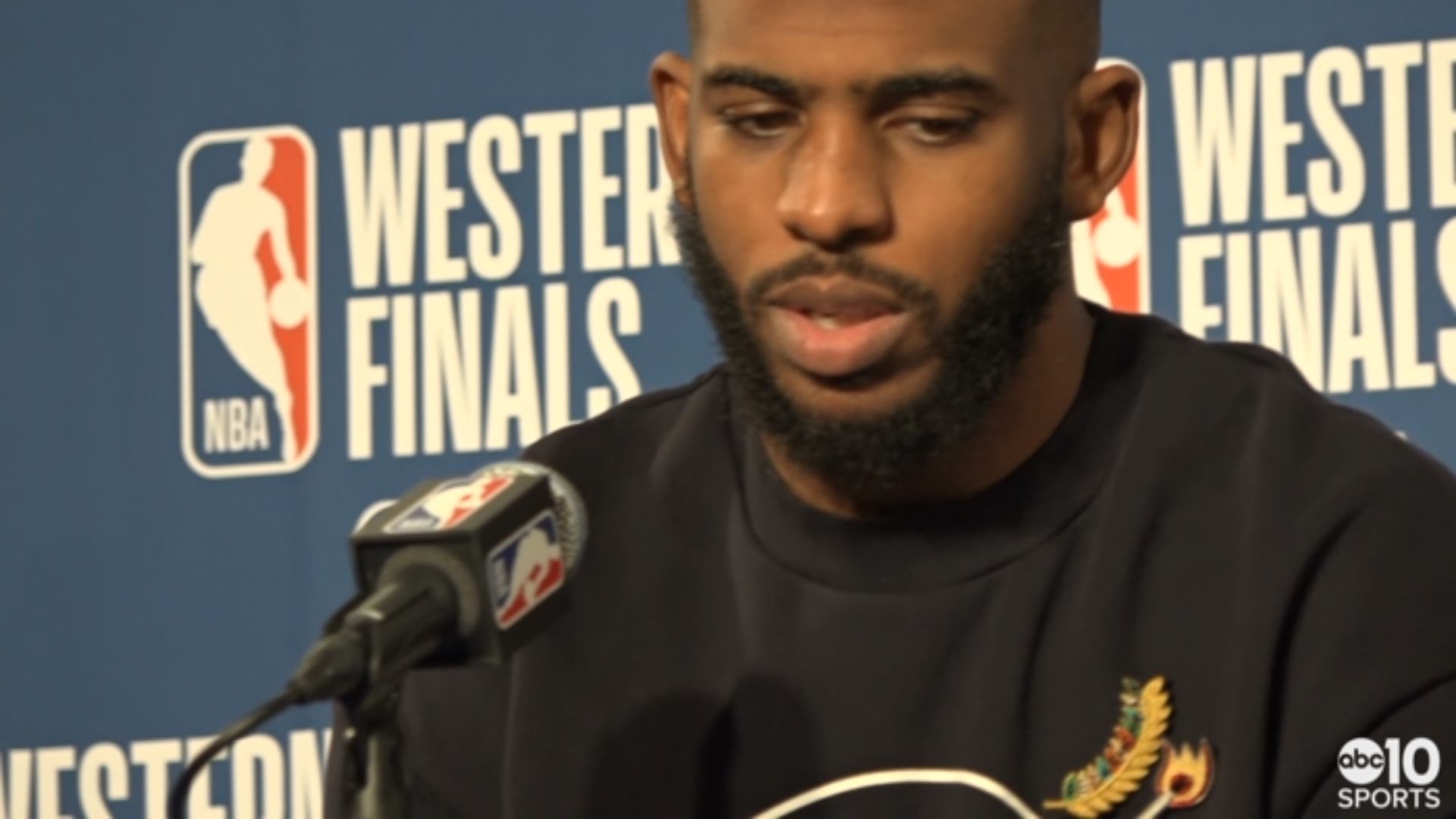 Rockets stars Chris Paul (left) and James Harden (right) discuss Tuesday's win in Game 4 of the Western Conference Finals over the Golden State Warriors, who beat them by 41 points in Game 3. They talk about bouncing back from that loss and taking back th